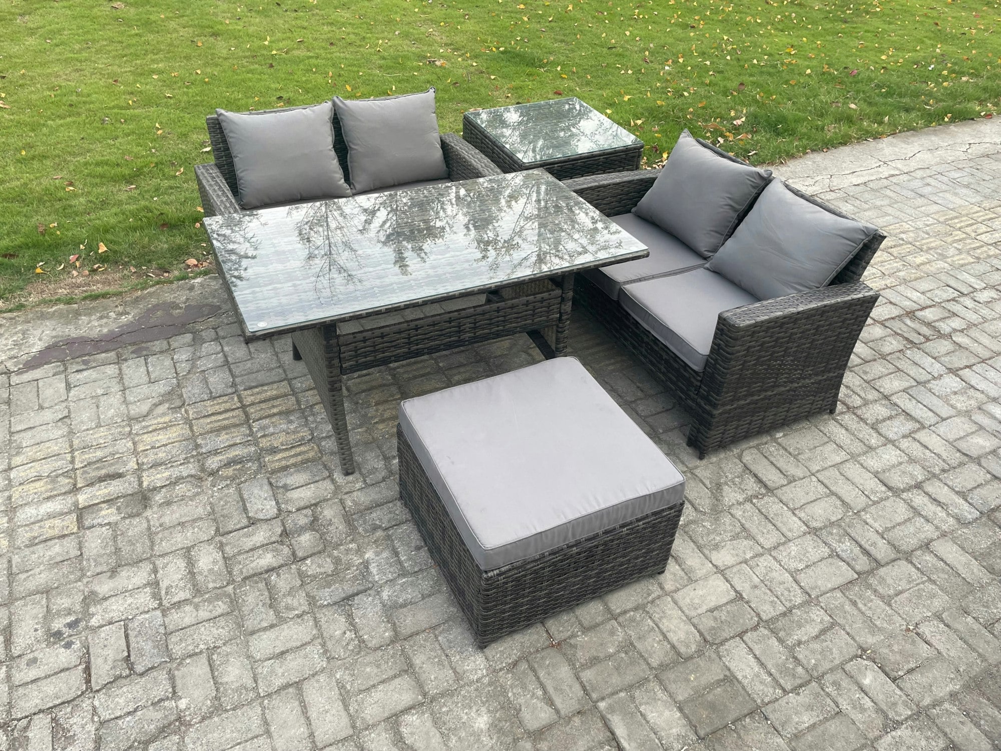 Fimous Dark/Grey Pe Wicker Rattan Garden Furniture Set Love Sofa Outdoor Rectangular Dining Table Big Footstool Side Table Mixed