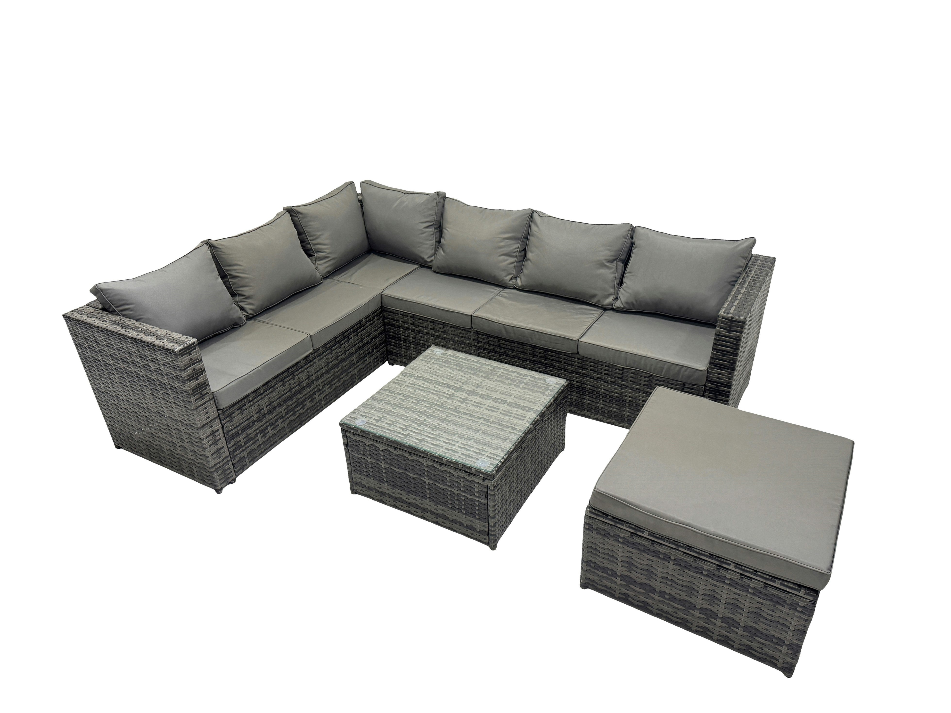 Rackhams Dark/Grey Rattan Garden Furniture Patio Furniture Sets With Corner Sofa Square Coffee Table Big Footstool Mixed