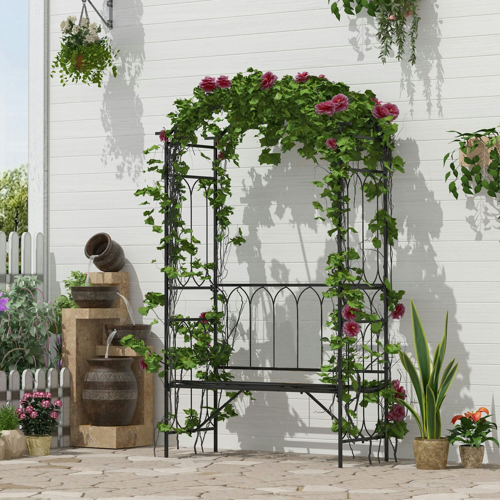 Rackhams Black Garden Arbour Bench Plant Climbing Support Trellis Rose Vines