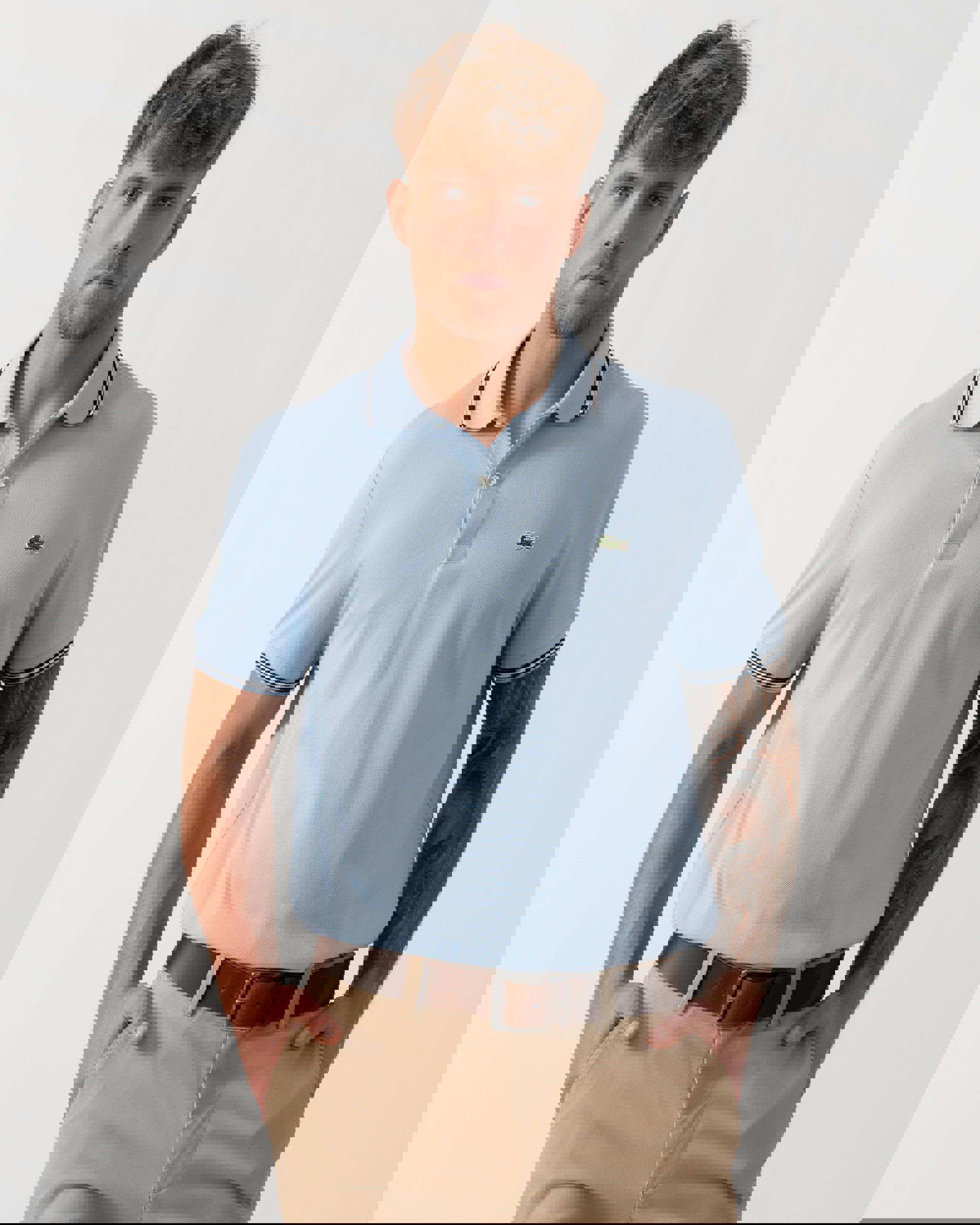 Lacoste Men's Green Contrast Collar Pique Regular Fit Polo Shirt - Chambray - Chambray - L