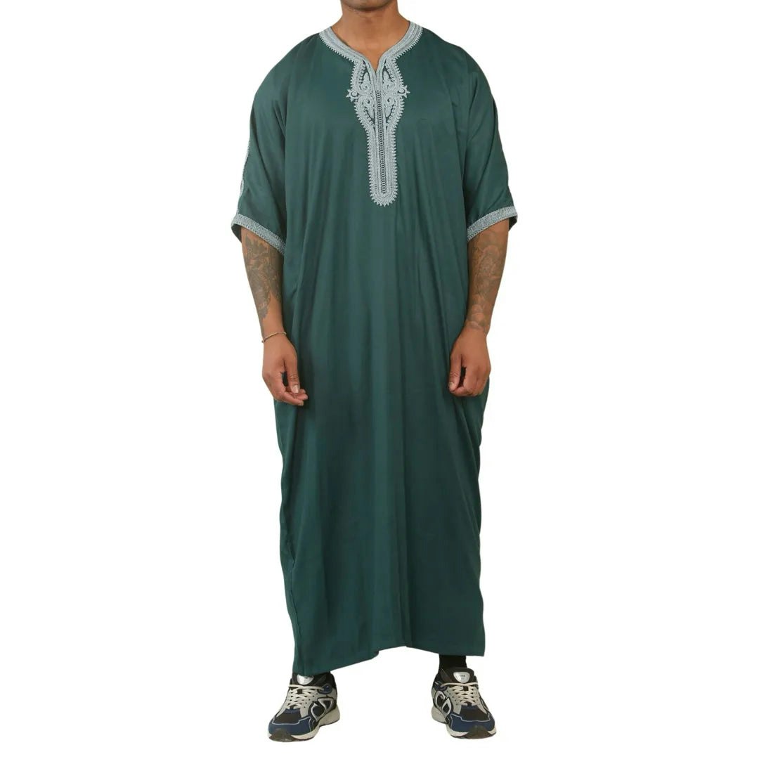 Thobez Men's Green Hm60 - Moroccan Thobe Short Sleeve Embroidery Gandoura - 54