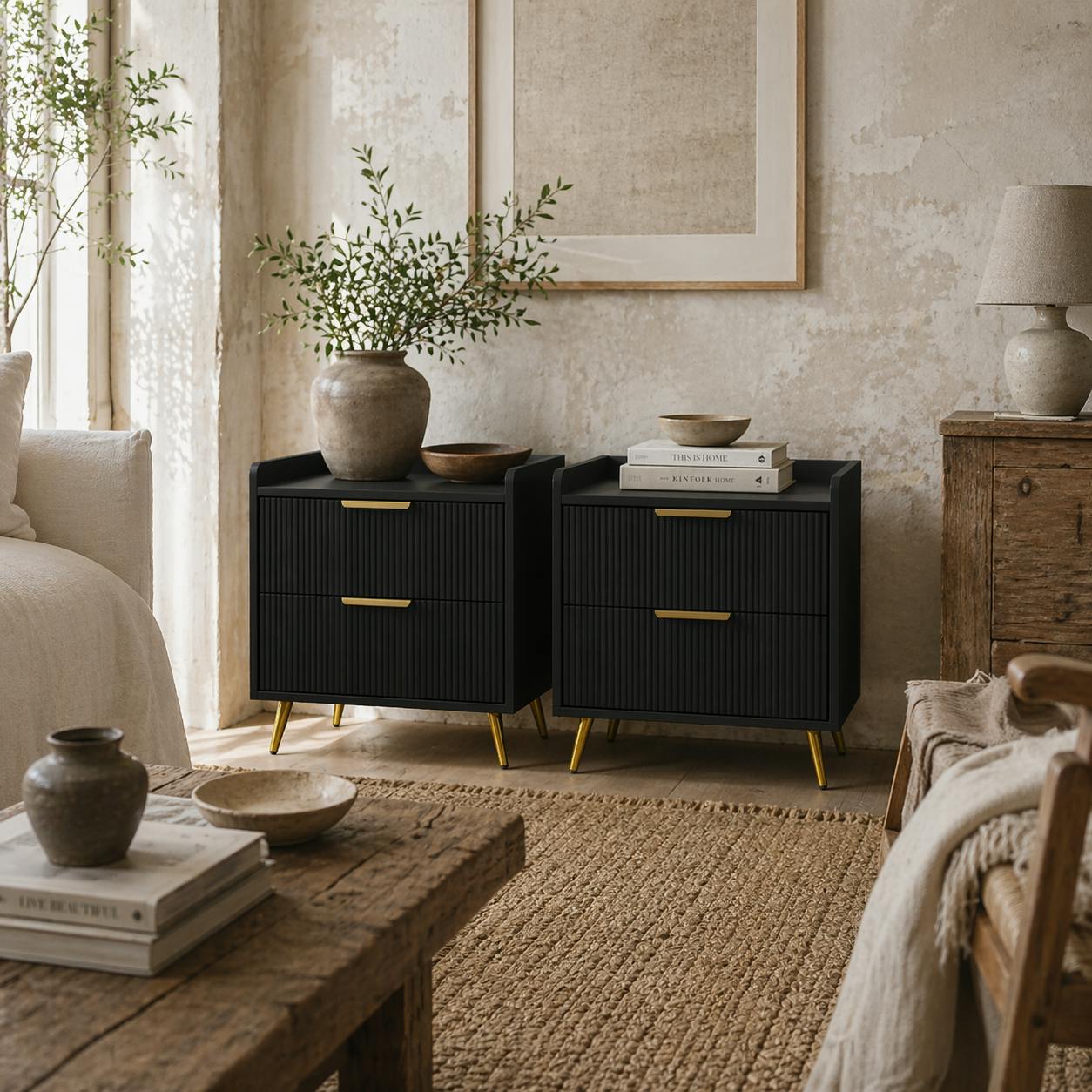 Wyld Haus Black/Gold Veha Set Of 2 Elegant Ribbed 2 Drawer Bedside Tables Handles