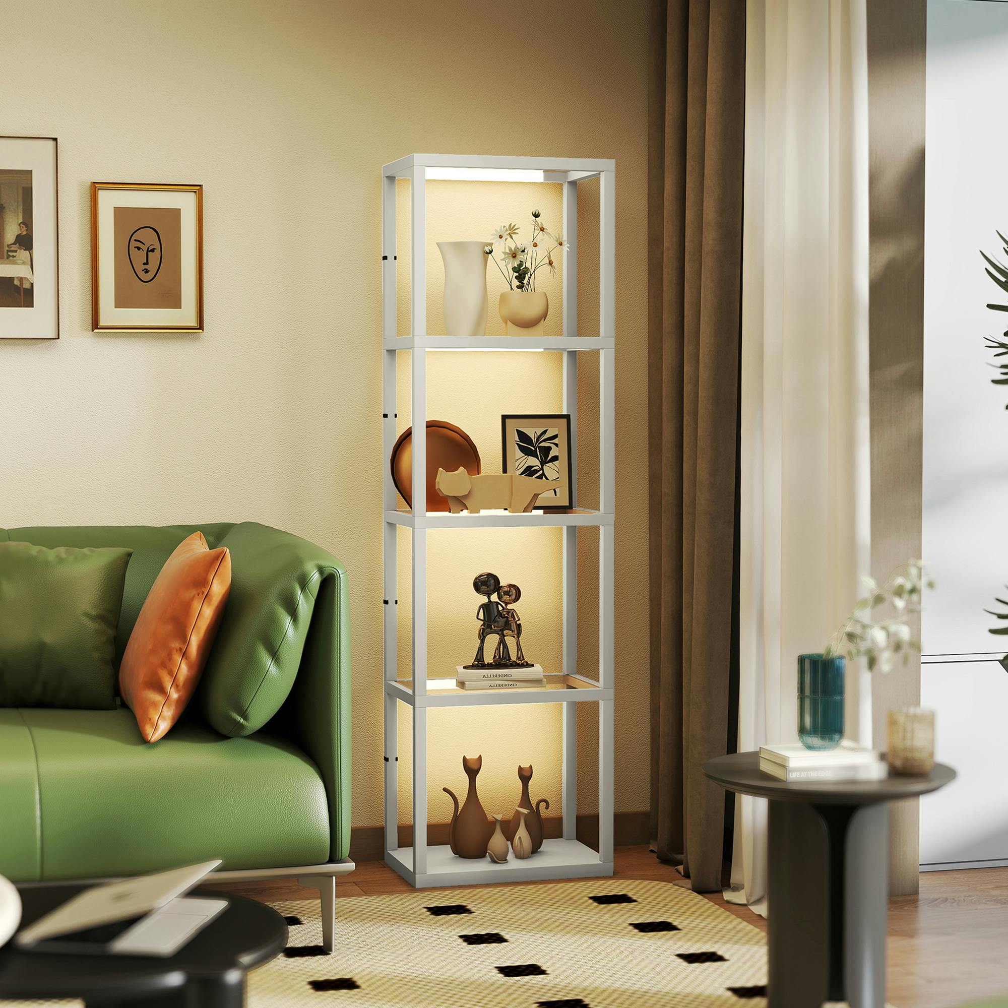 Rackhams Grey Led Floor Lamp With Glass Shelves, Dimmable Room Lamp, Oak - Yes, Built-In Led Included - Mdf, Tempered Glass