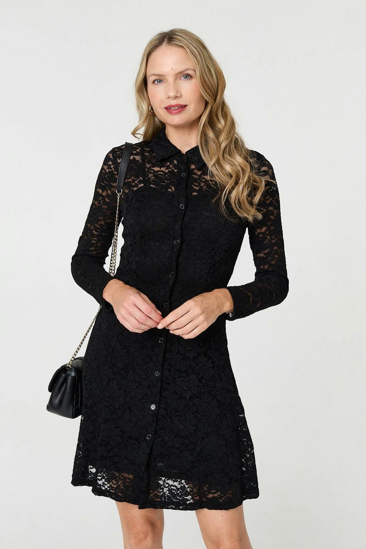 Izabel London Black Lace Layer Long Sleeve Mini Shirt Dress - 14