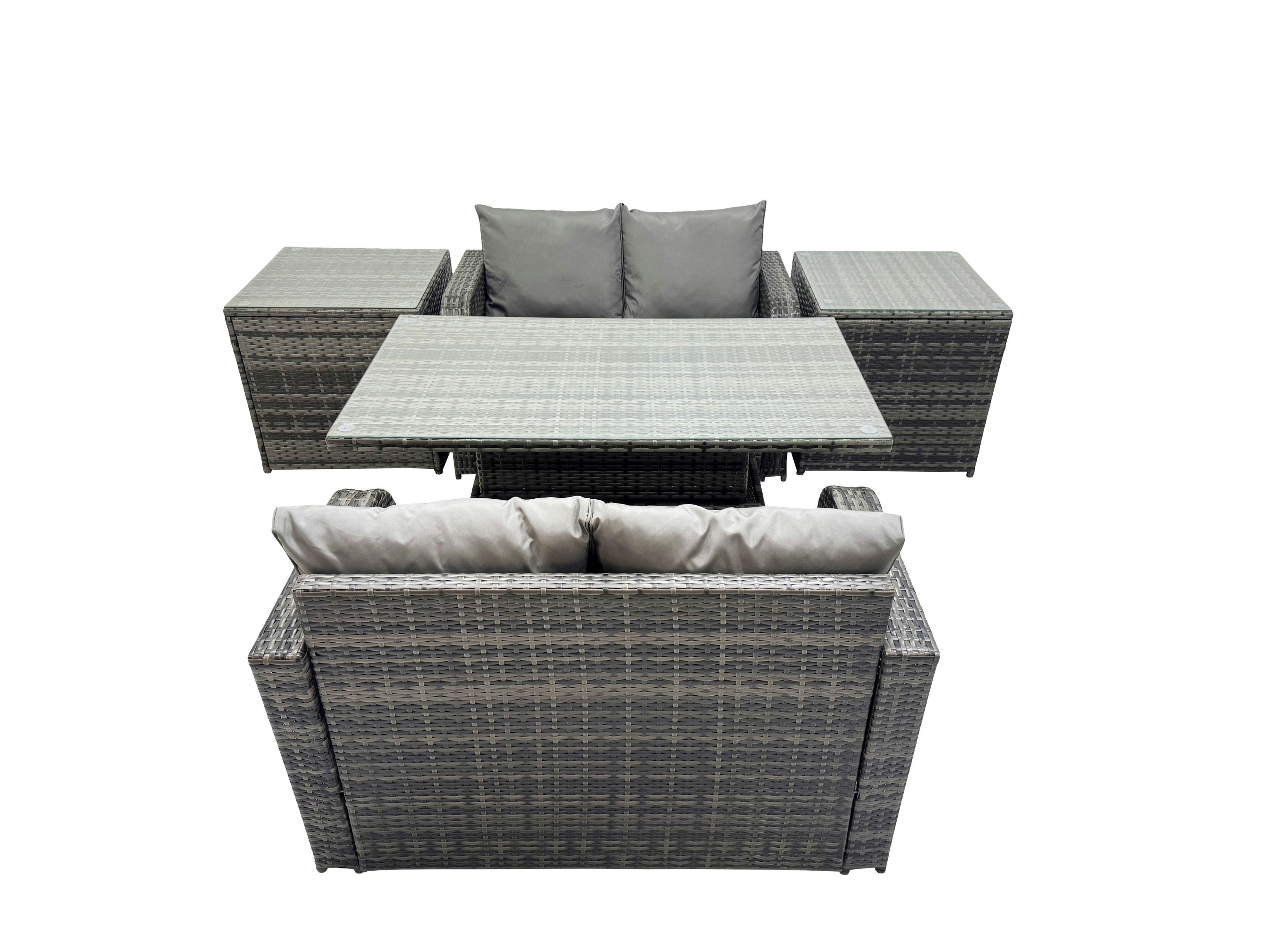 Fimous Dark/Grey 4 Seater Patio Height Adjustable Rising Lifting Table Sofa Sets Rattan Garden Furniture Dining Set With 2 Side Table Mixed