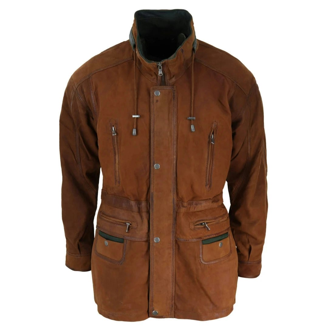 Infinity Leather Men's Green/Brown Leather Company Suede Safari Jacket Hunting Duffle Parka Leather Coat - Tan - 4XL