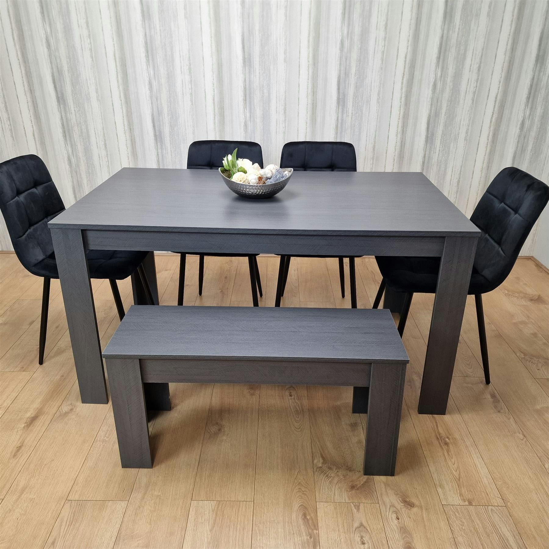 Kosy Koala Dark/Grey/Black Dining Table Set With 4 Chairs And A Bench Dining Room And Kitchen Table Set Of 4