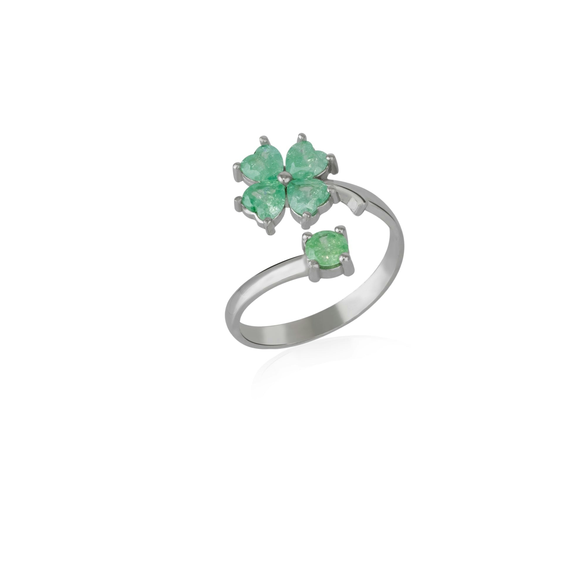 Spero London Green/Silver Four Leaves Clover Luck Ring Sterling