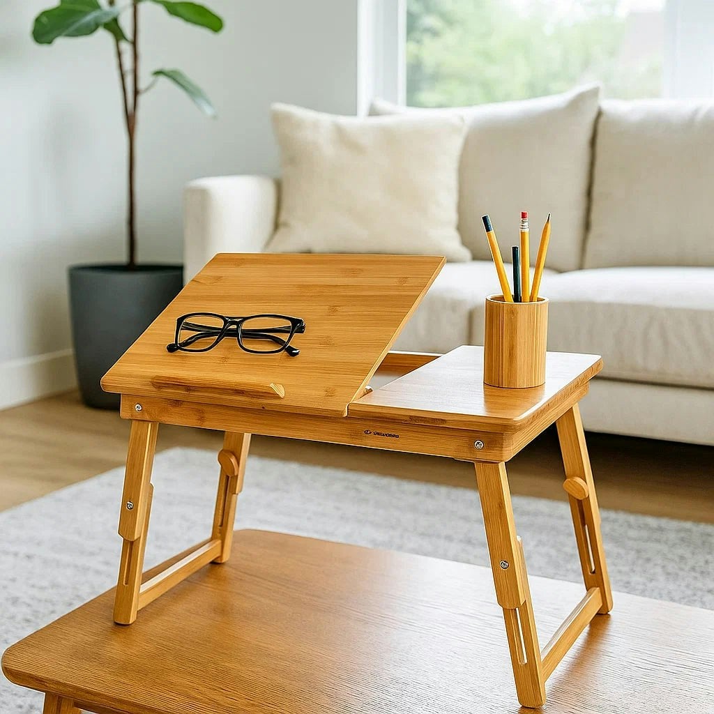 Modcraft Bamboo Folding Laptop Bed Tray Table With Adjustable Top, Drawer & Legs, 54.5X34.5x29cm