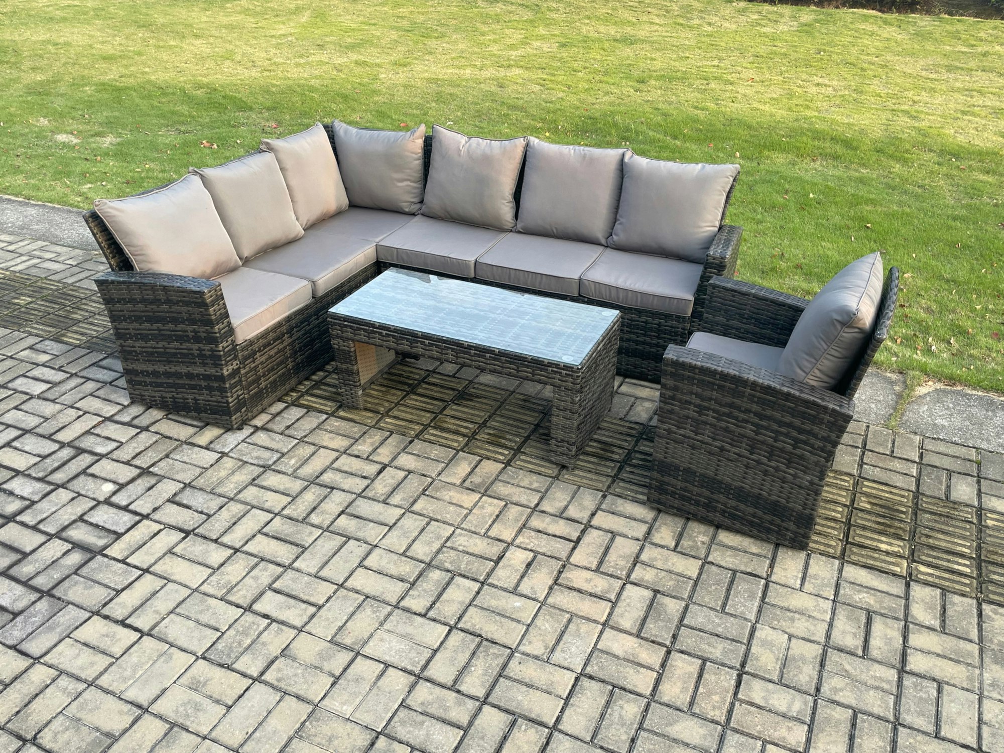 Rackhams Dark/Grey 7 Seat Rattan Garden Furniture Corner Sofa Set Outdoor Patio Chair Sofa Table Set Mixed