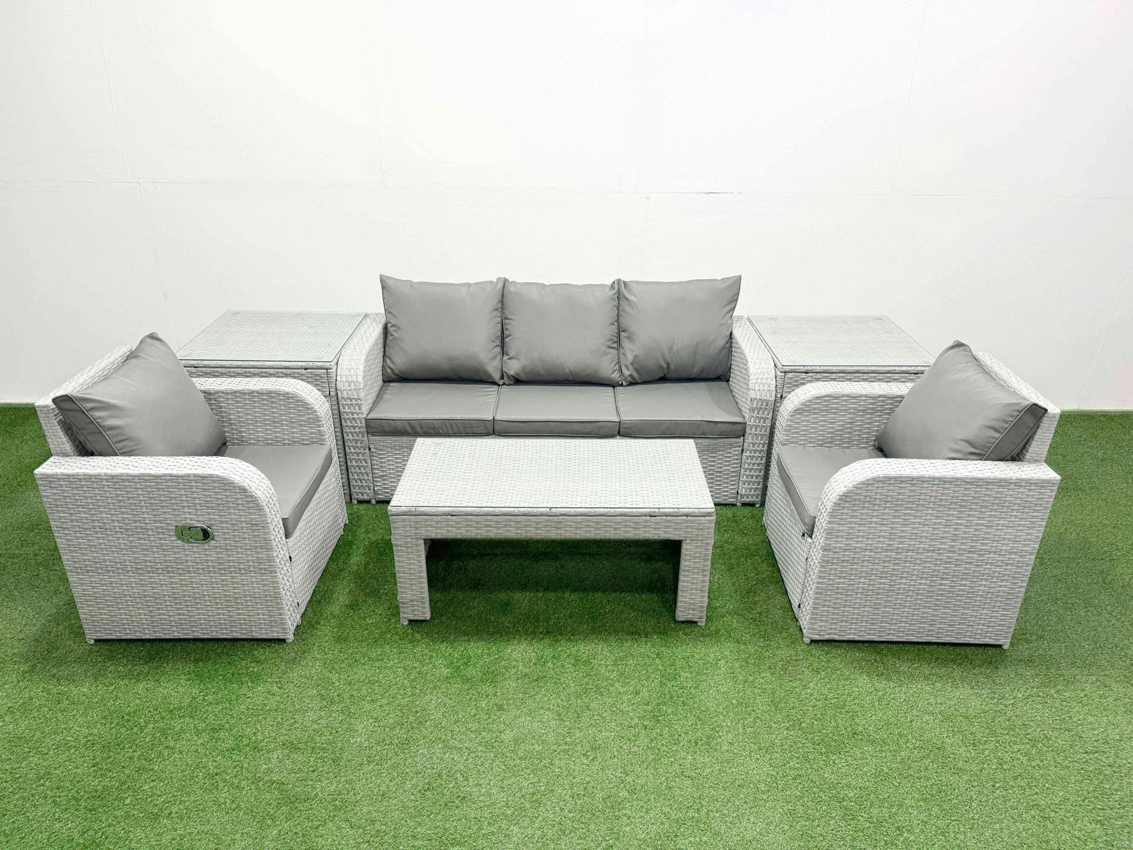 Fimous Light/Grey Pe Rattan Garden Furniture Set Reclining Chair Sofa Lounge Sofa Set Rectangular Coffee Table 2 Side Table