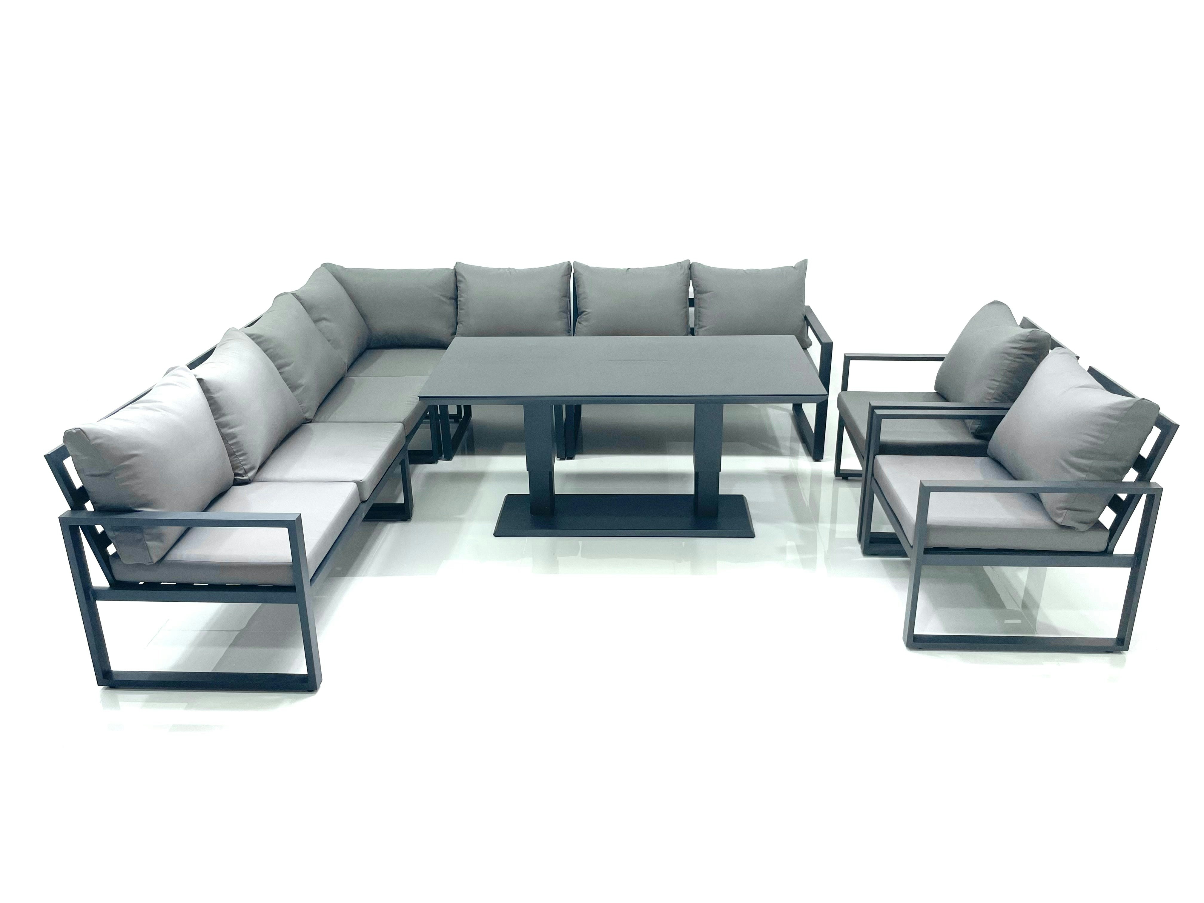 Rackhams Dark/Grey 9 Seater Outdoor Aluminum Garden Furniture Set Corner Sofa 2 Chairs Adjustable Rising Lifting Dining Table Sets