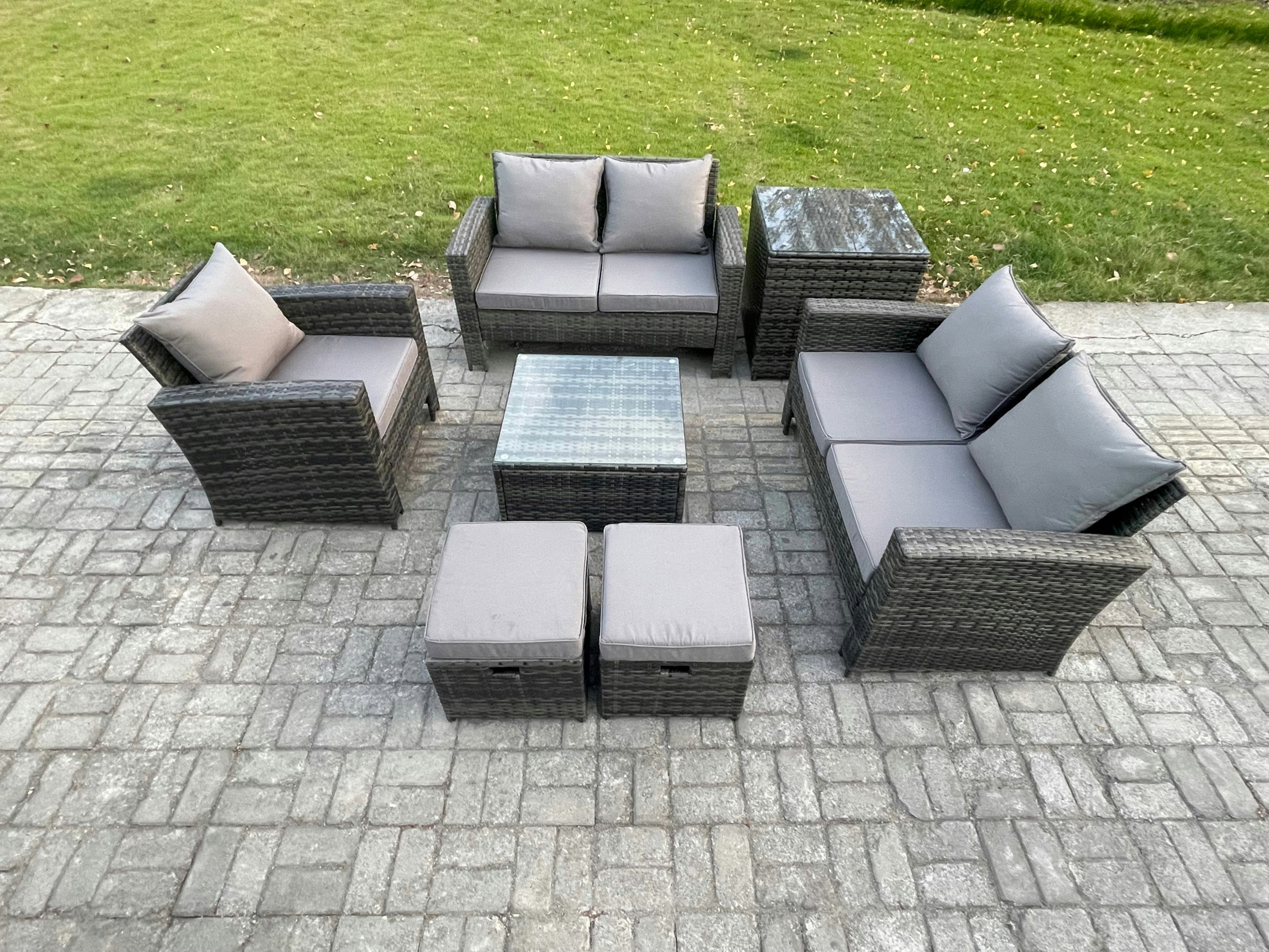 Rackhams Dark/Grey Outdoor Rattan Garden Furniture Set Conservatory Patio Sofa Coffee Table Set With Chair Side Table 2 Small Footstools Mixed
