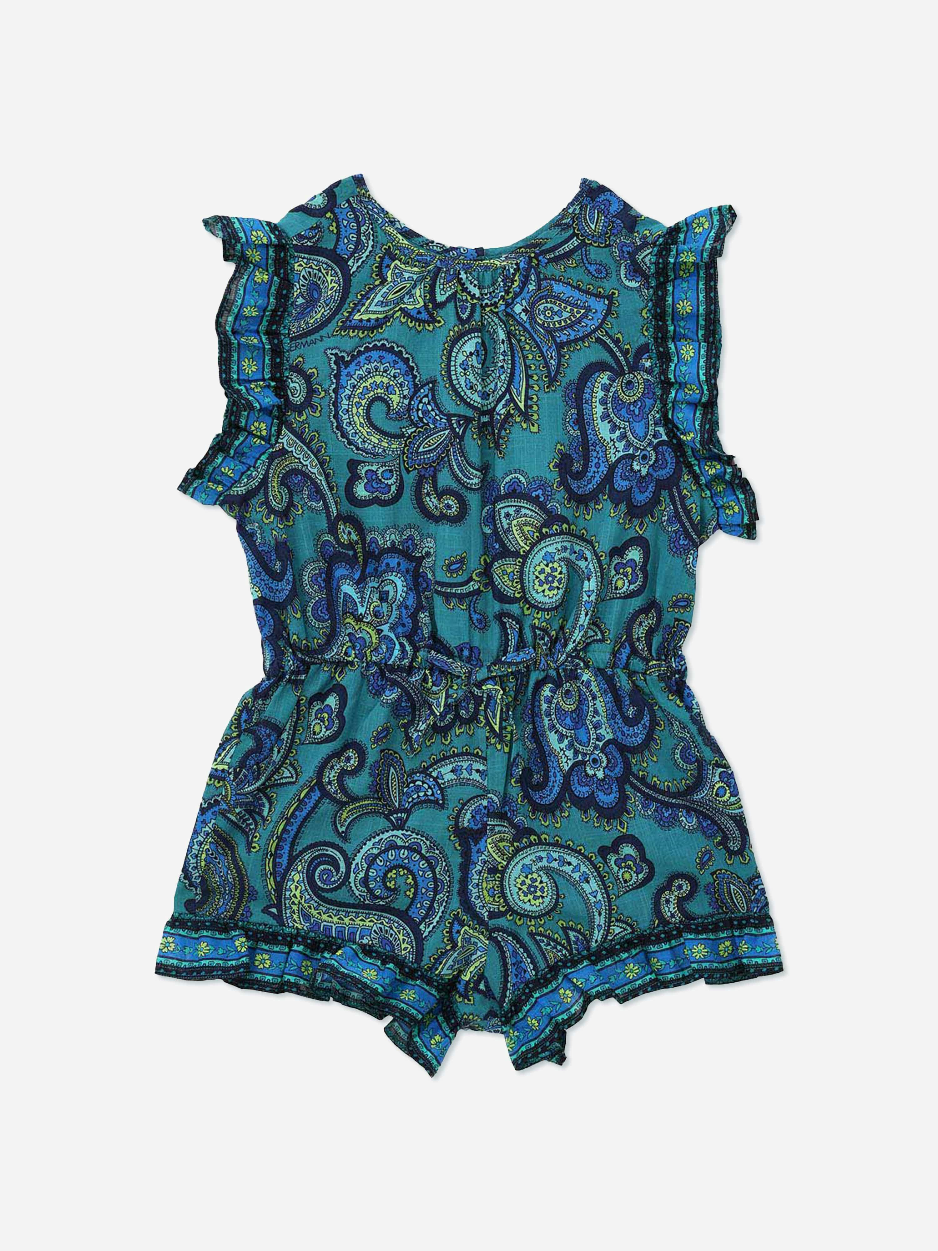 Zimmermann Girls Blue Patience Paisley Frill Playsuit In - 4 Yrs