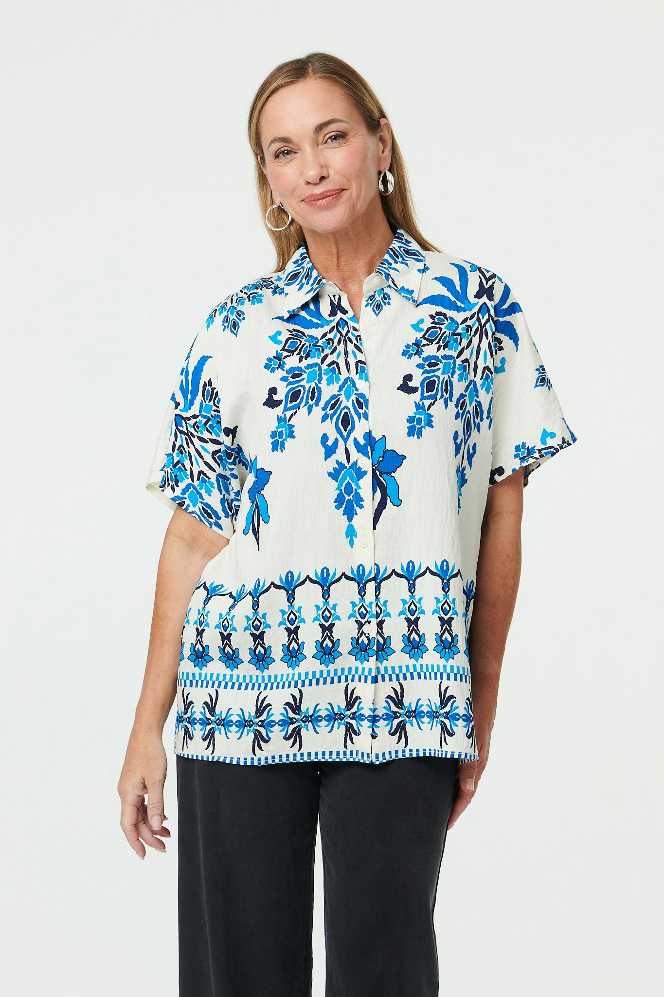 Izabel London Blue Floral 1/2 Sleeve Relaxed Shirt - 14