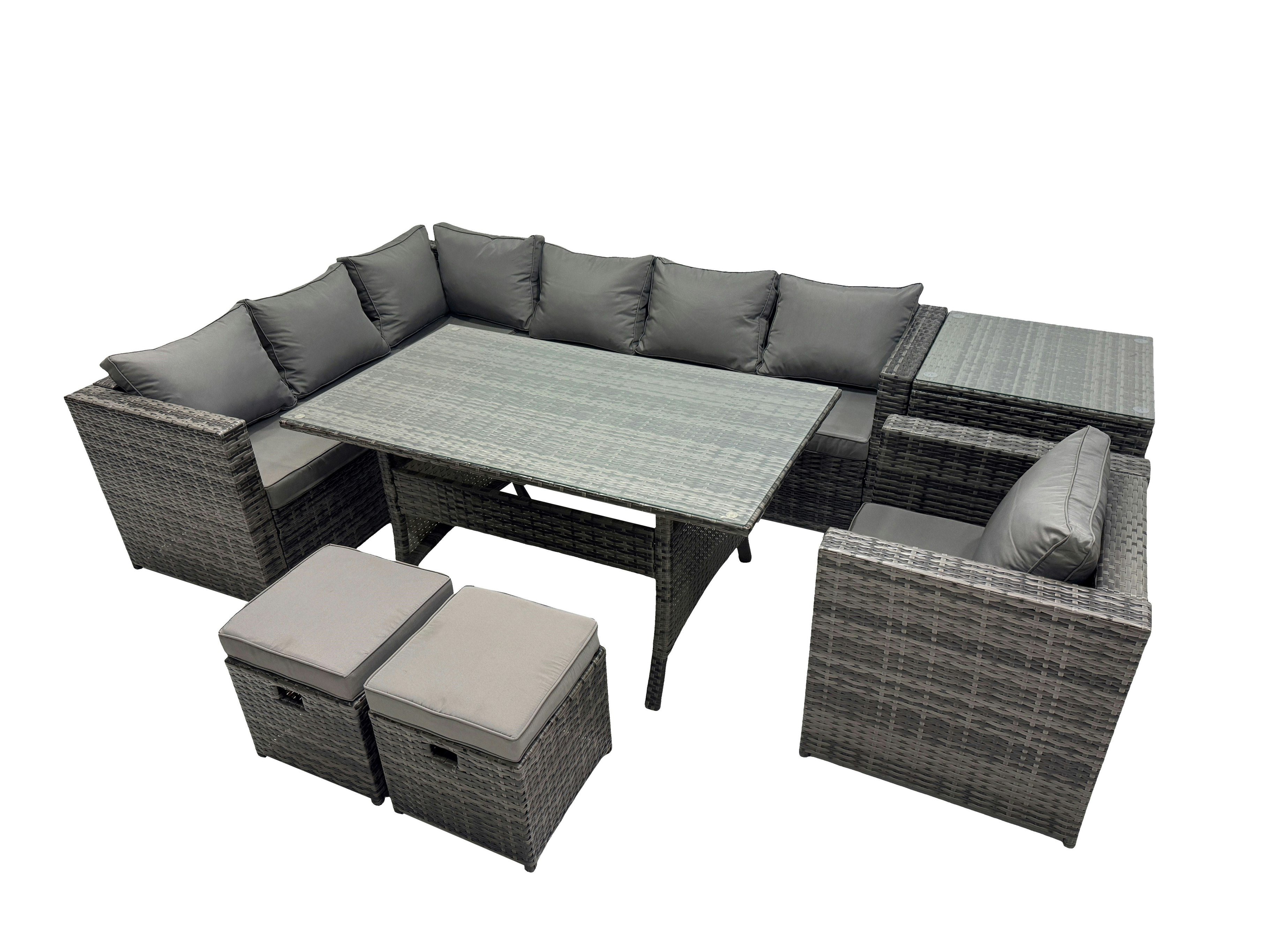 Fimous Dark/Grey Outdoor Pe Rattan Sofa Set With Dining Table Patio Garden Furniture Sets With Chair 2 Small Stool Side Table Mixed