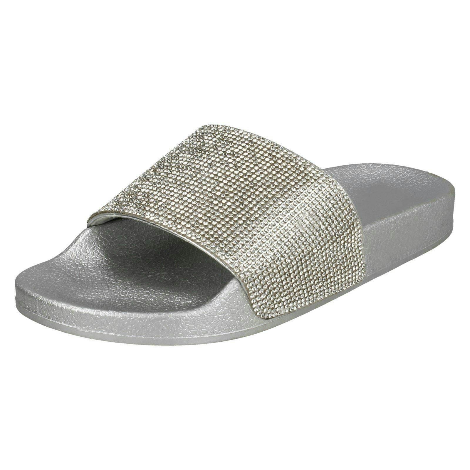 Spot On Women's Silver Diamante Sliders - Uk 4