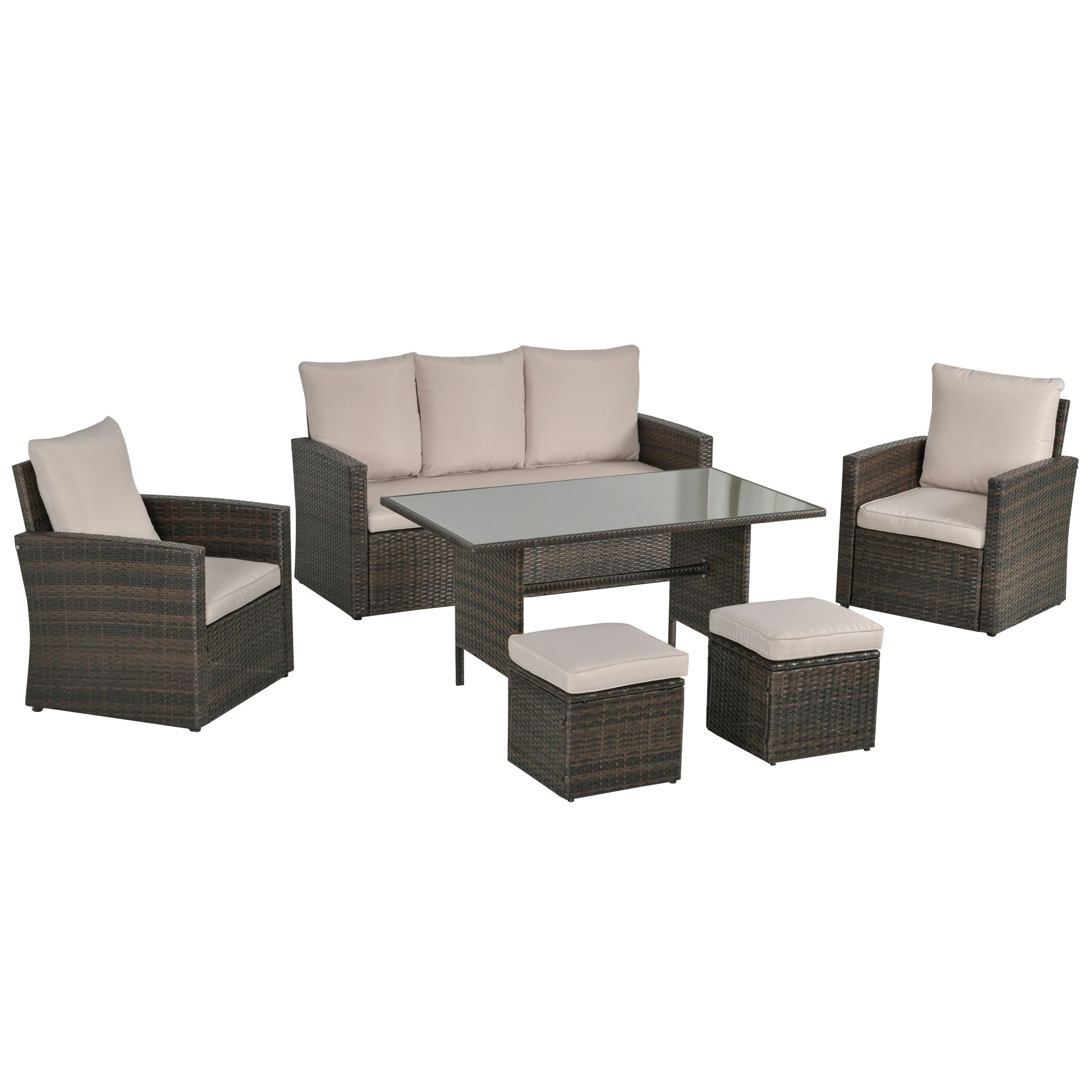 Rackhams Brown 6 Pcs Outdoor Rattan Sofa Furniture Sets With Footstool - Mixed - Metal, Pe Rattan, Polyester - 159Cmx72cmx81cm