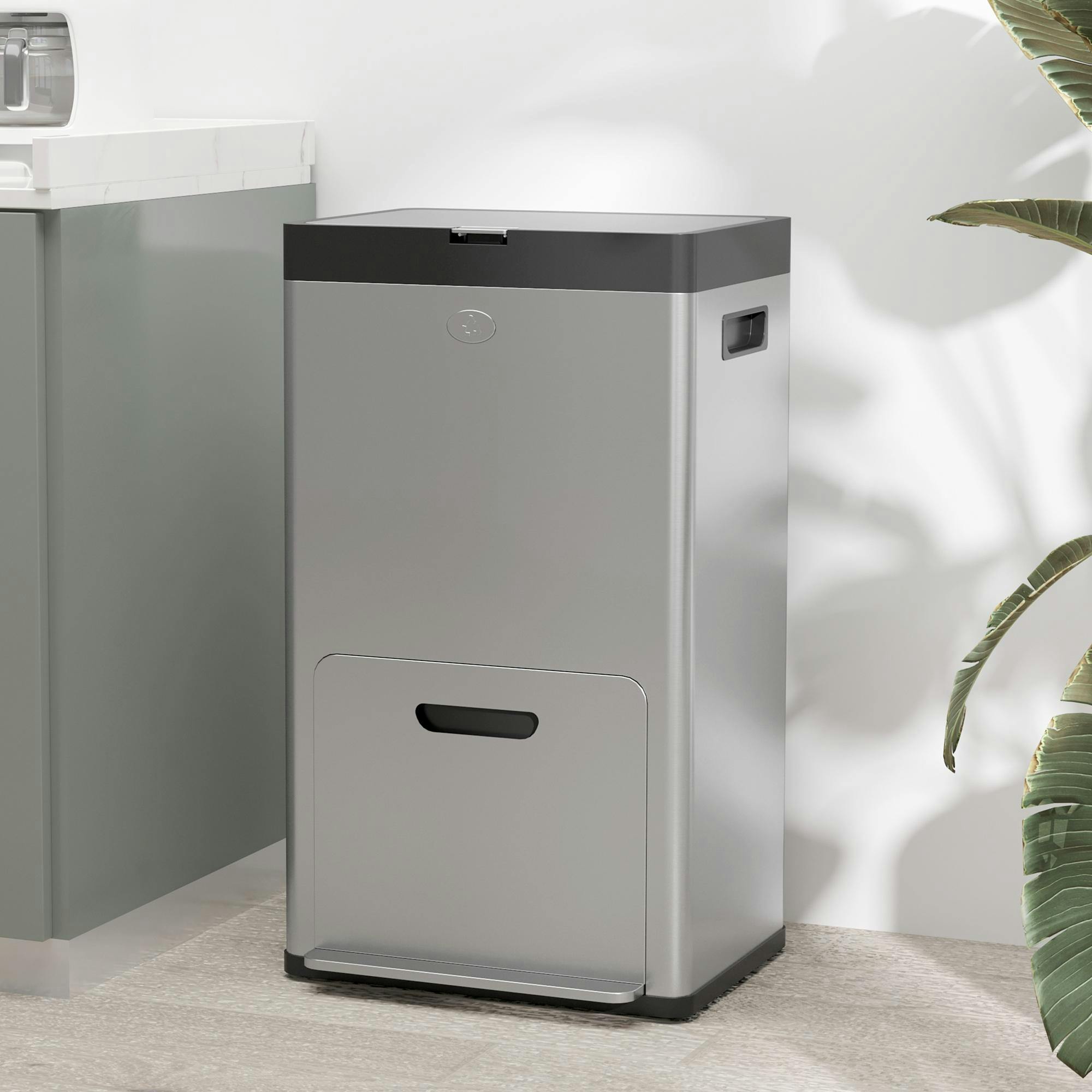 HOMCOM 3 Compartment Kitchen Bin - Stainless Steel - 56L - Silver - Image 4