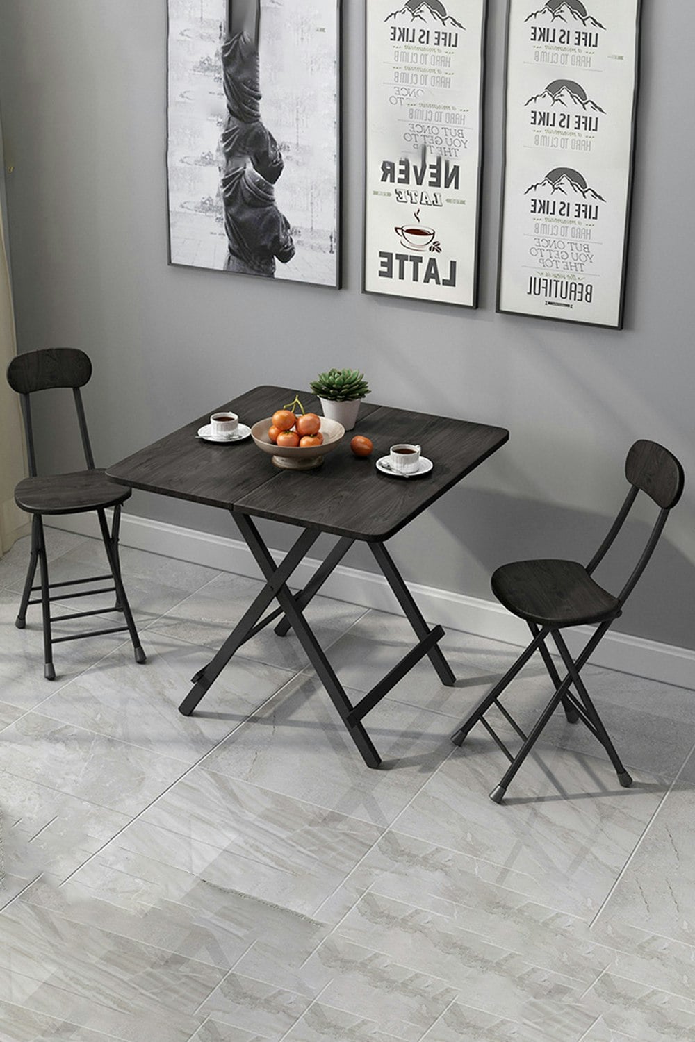 Rackhams Black 3Pcs Folding Table And 2 Chairs Set Indoor Outdoor Bistro Kitchen Dining Set Furniture