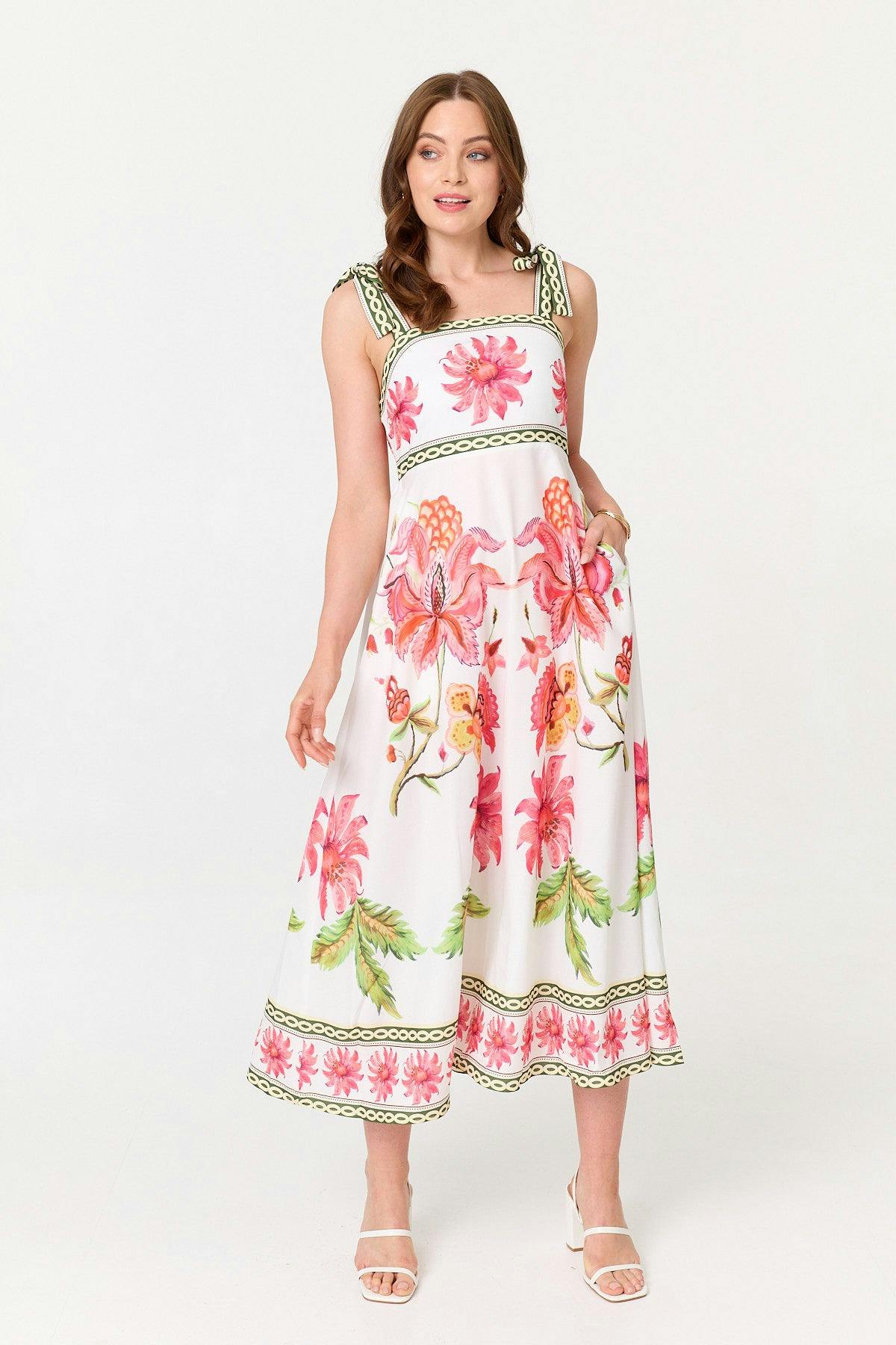 Izabel London White Floral Tie Strap Sleeveless Midi Dress - 8