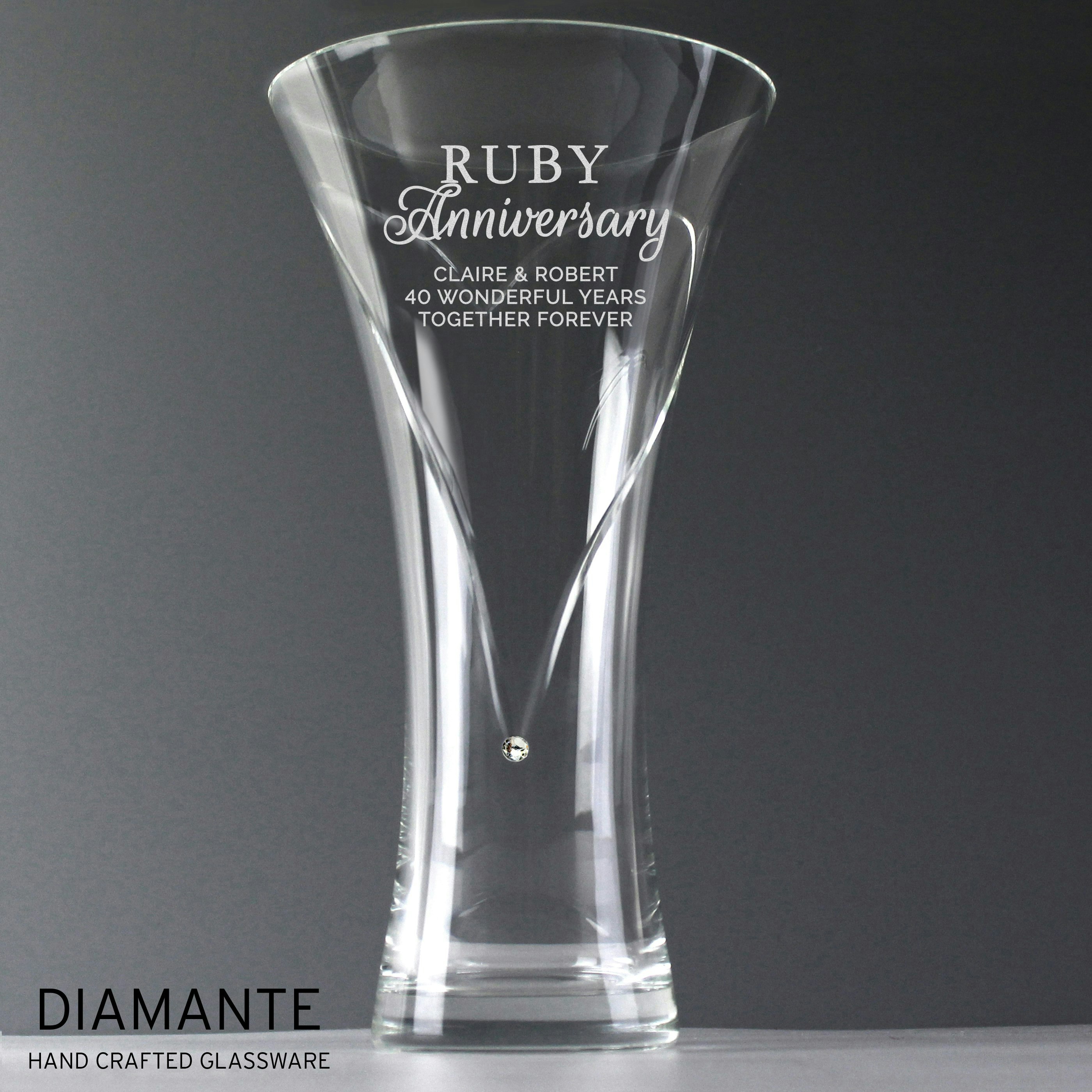 Rackhams Personalised Ruby Anniversary Large Hand Cut Diamante Heart Vase