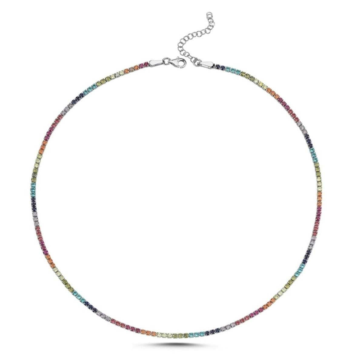 Spero London Women's Silver Rainbow Colourful Sterling Tennis Necklace