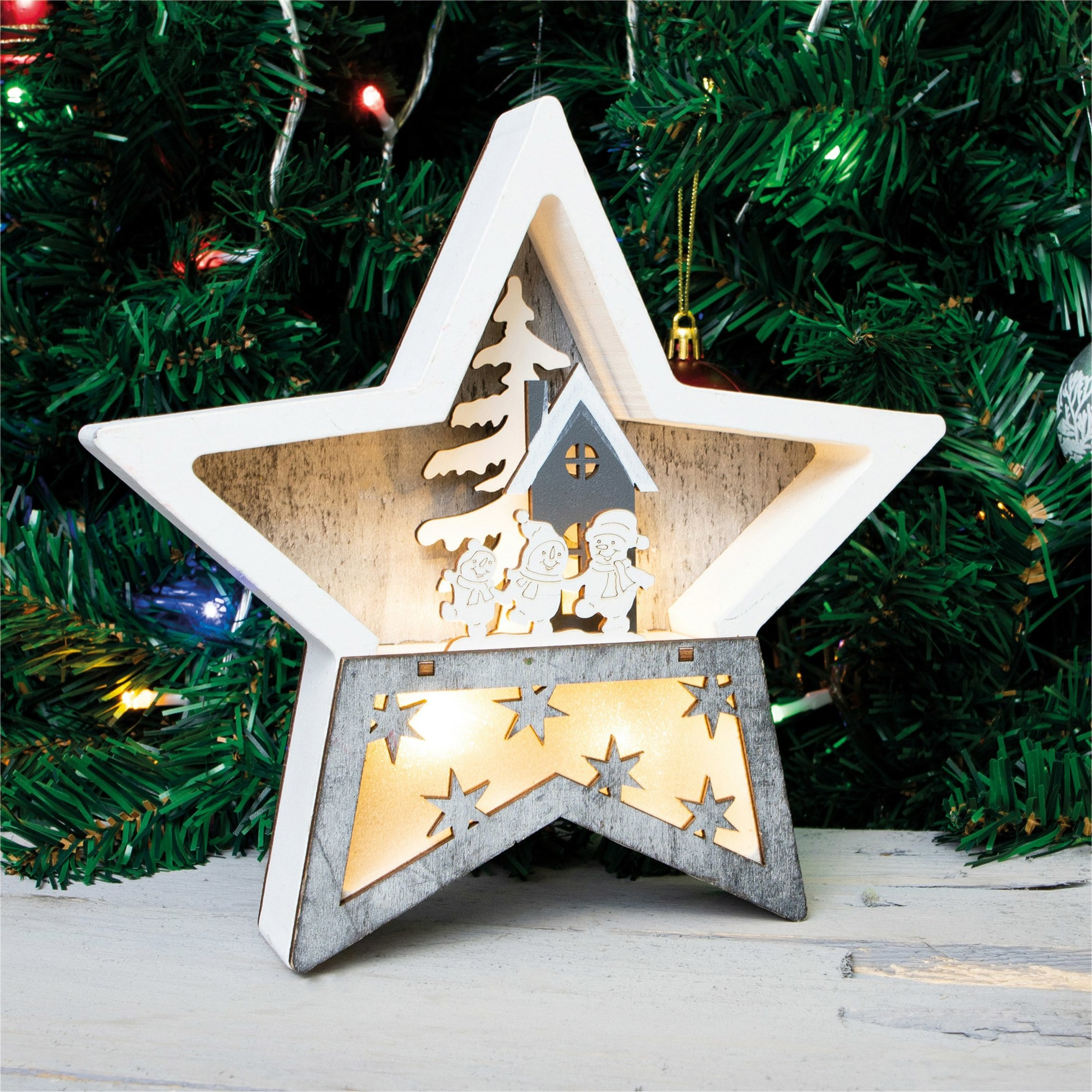 Xmas Haus White/Grey/Light Christmas Wooden - & Star With Led