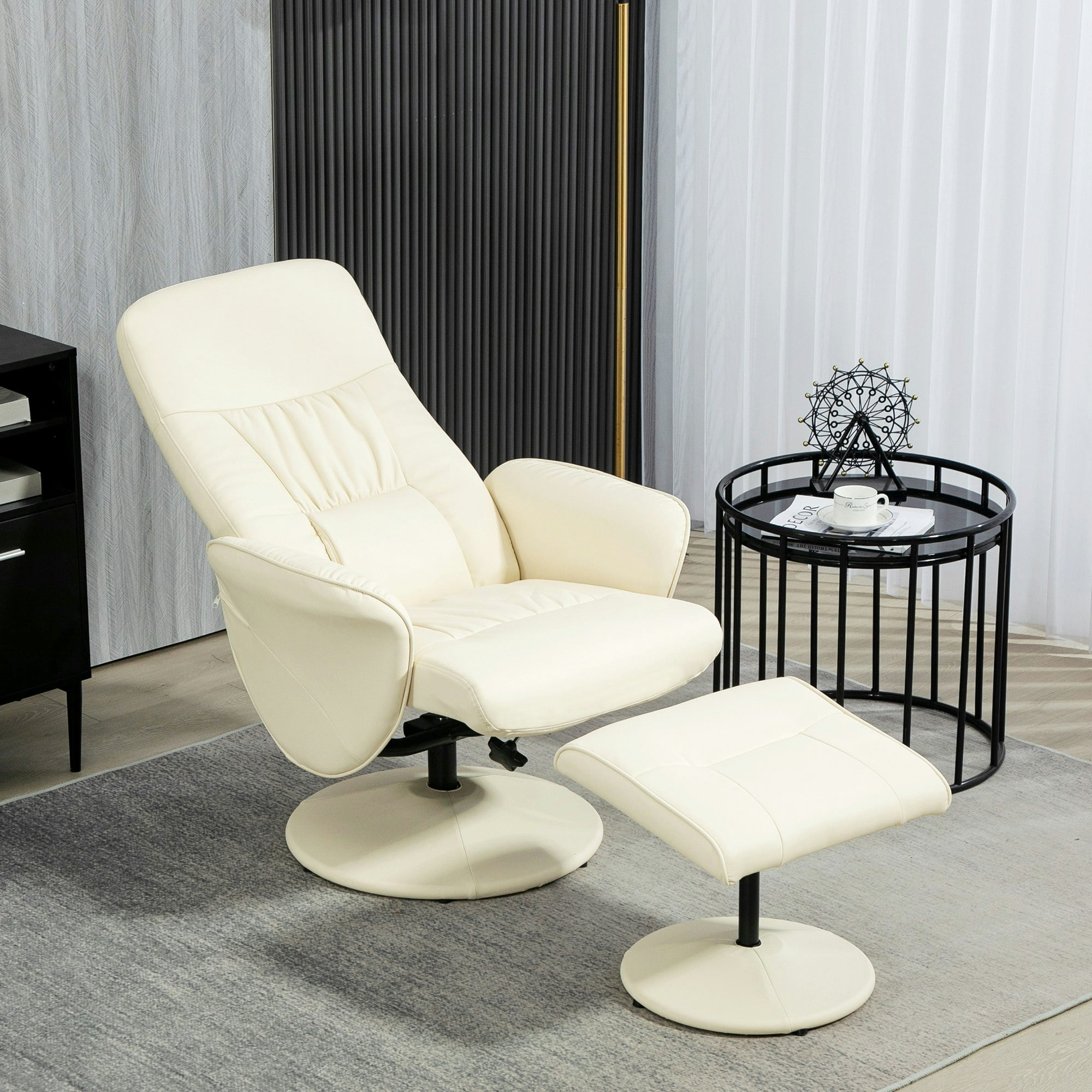 Rackhams Cream Pu Leather Armchair And Footrest Swivel Recliner - Pu, Sponge, Metal