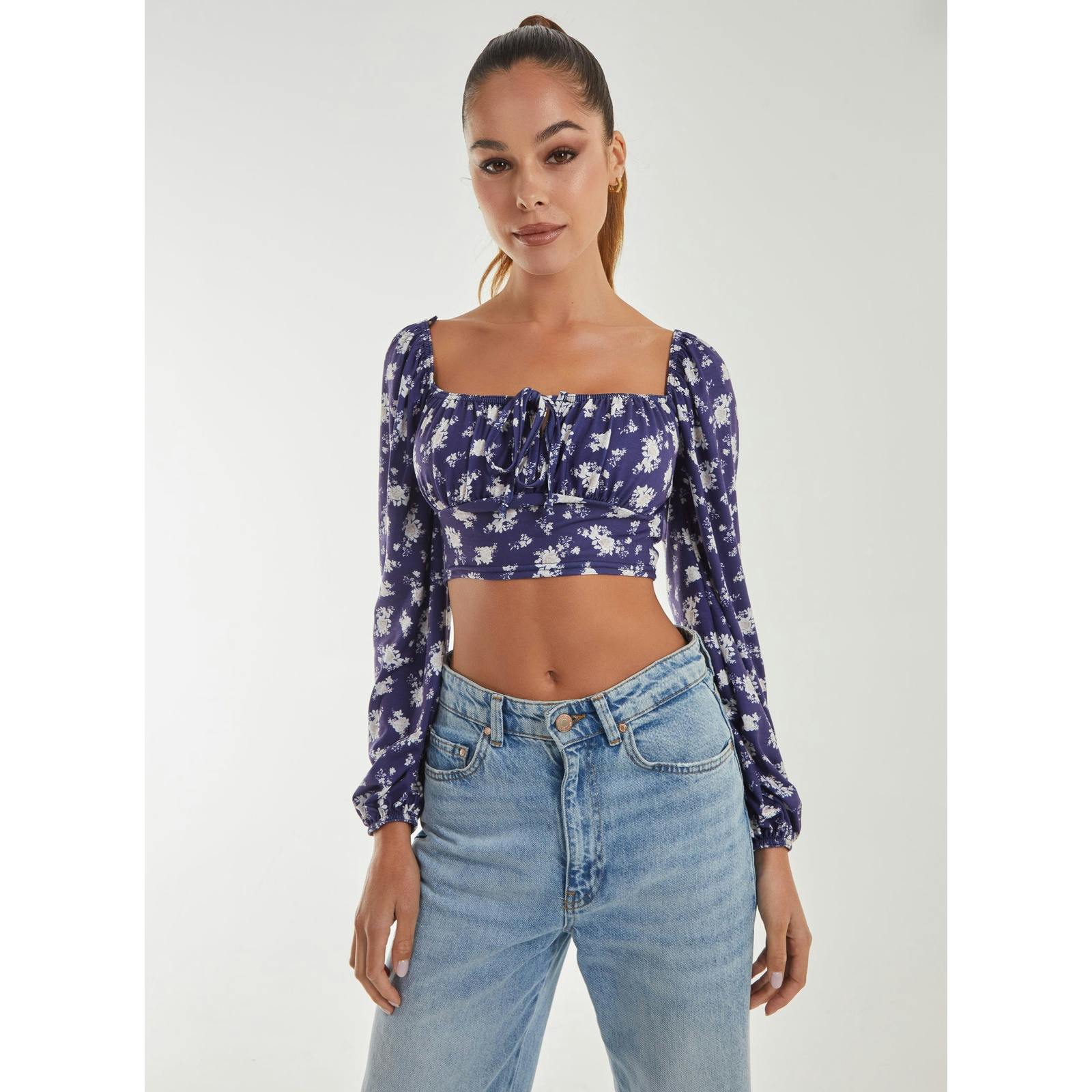 Pink Vanilla Floral Printed Milkmaid Long Balloon Sleeve Top - S - Navy