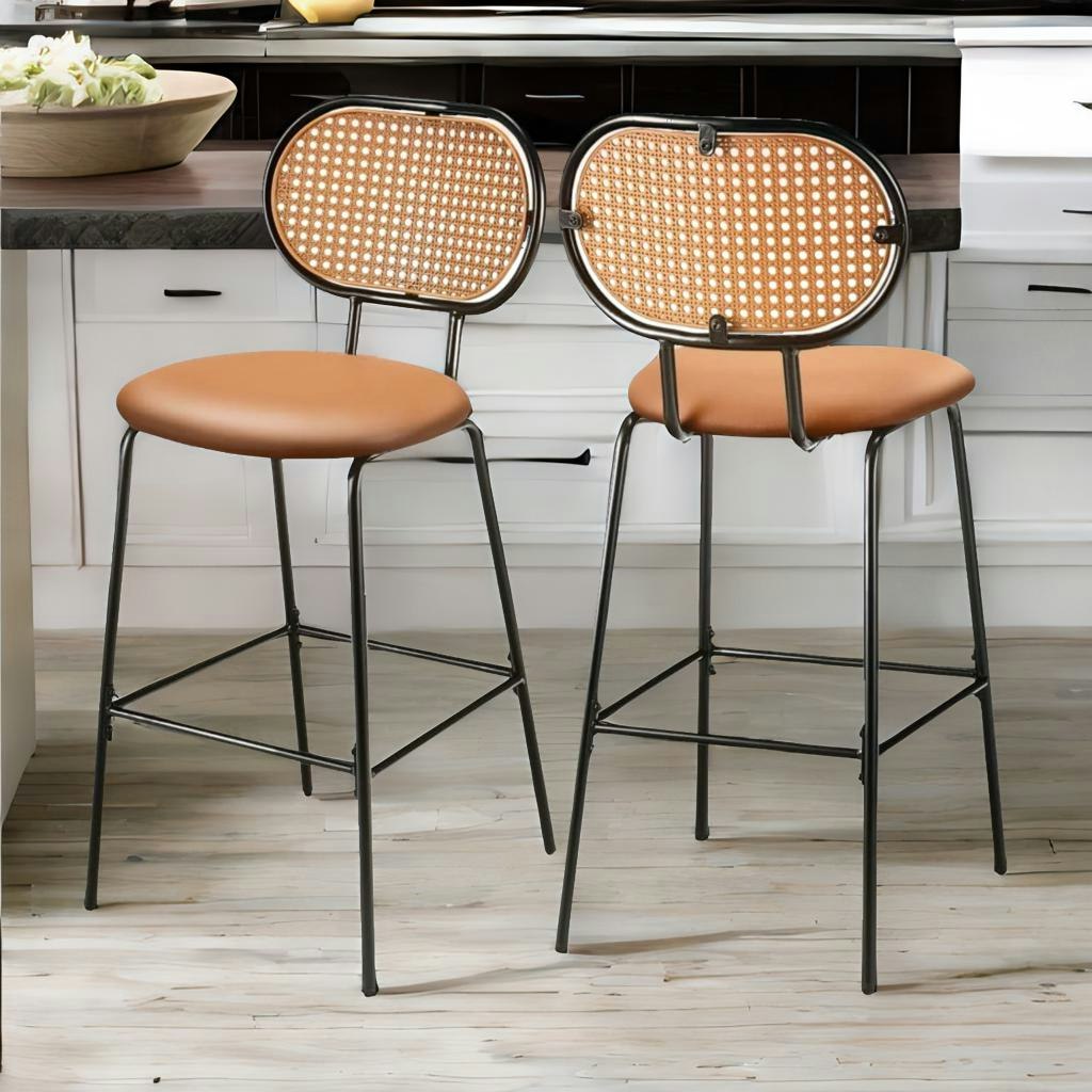 Rackhams Brown Faux Leather Bar Stools Set With Rattan Back