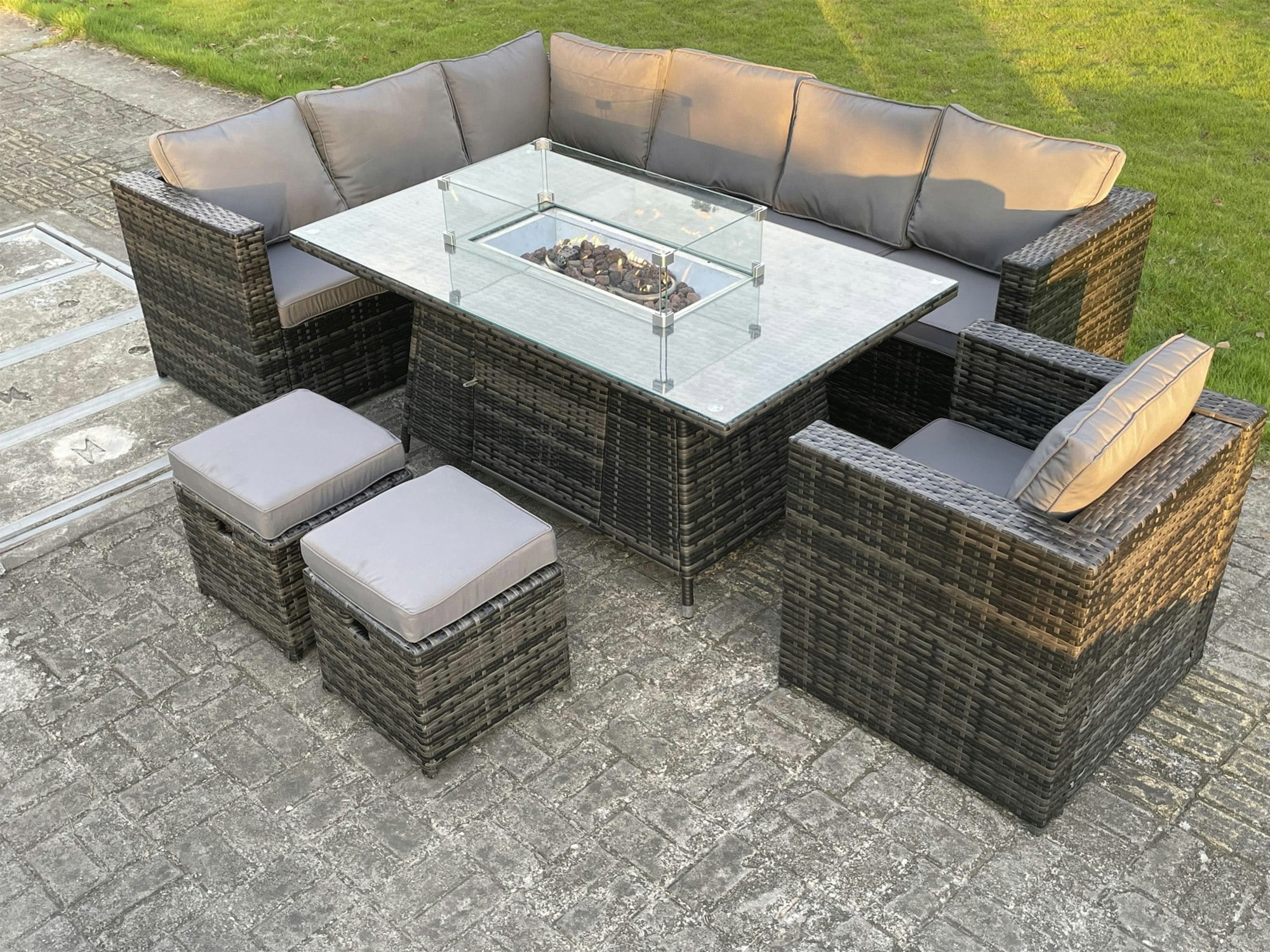Fimous Dark/Grey Outdoor Rattan Garden Furniture Corner Sofa Set Gas Fire Pit Table Sets Gas Heater Lounge Small Footstools Chair 9 Seater