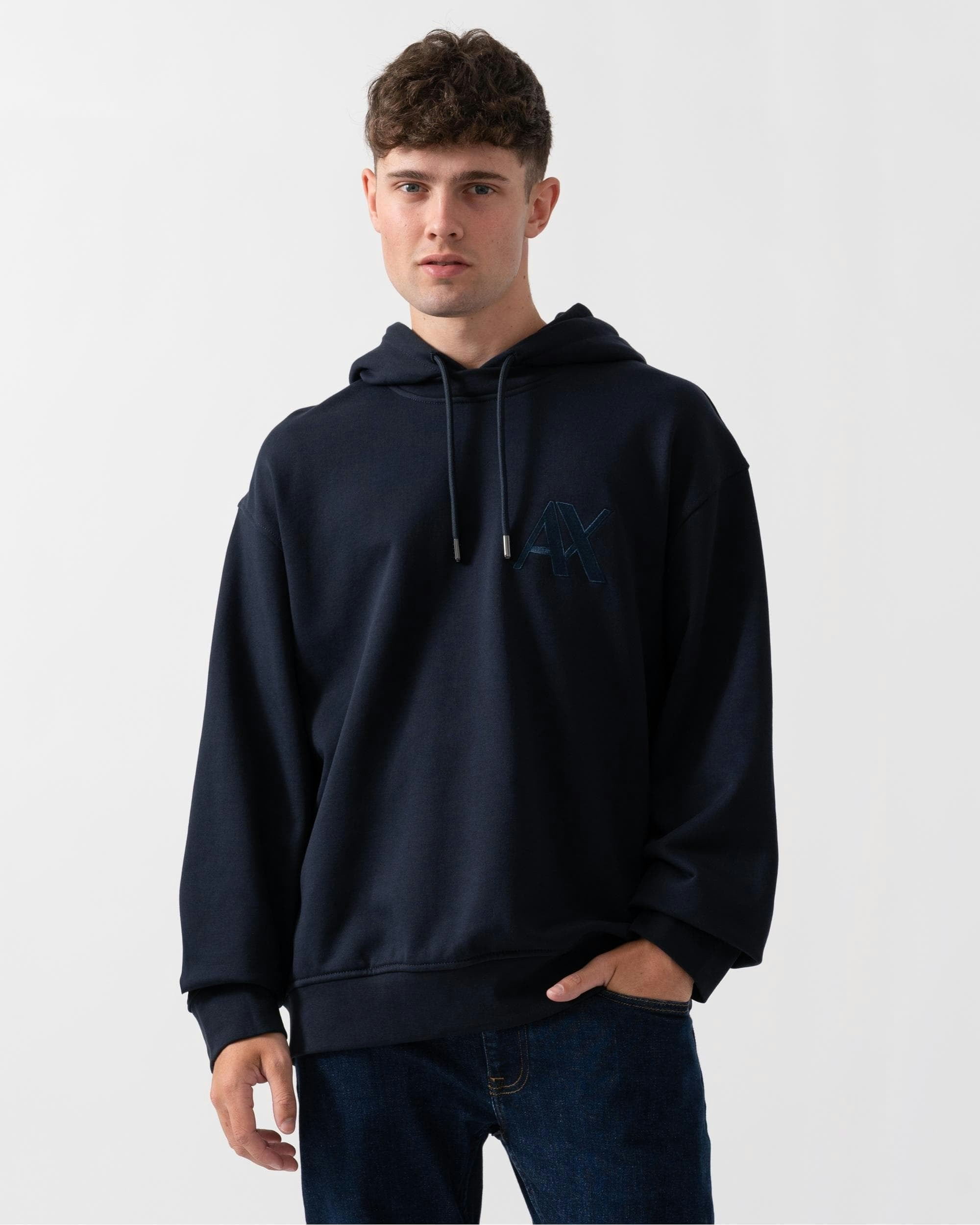Armani Exchange Men's Pullover Monogram Logo Hoodie - Navy 1510 - M