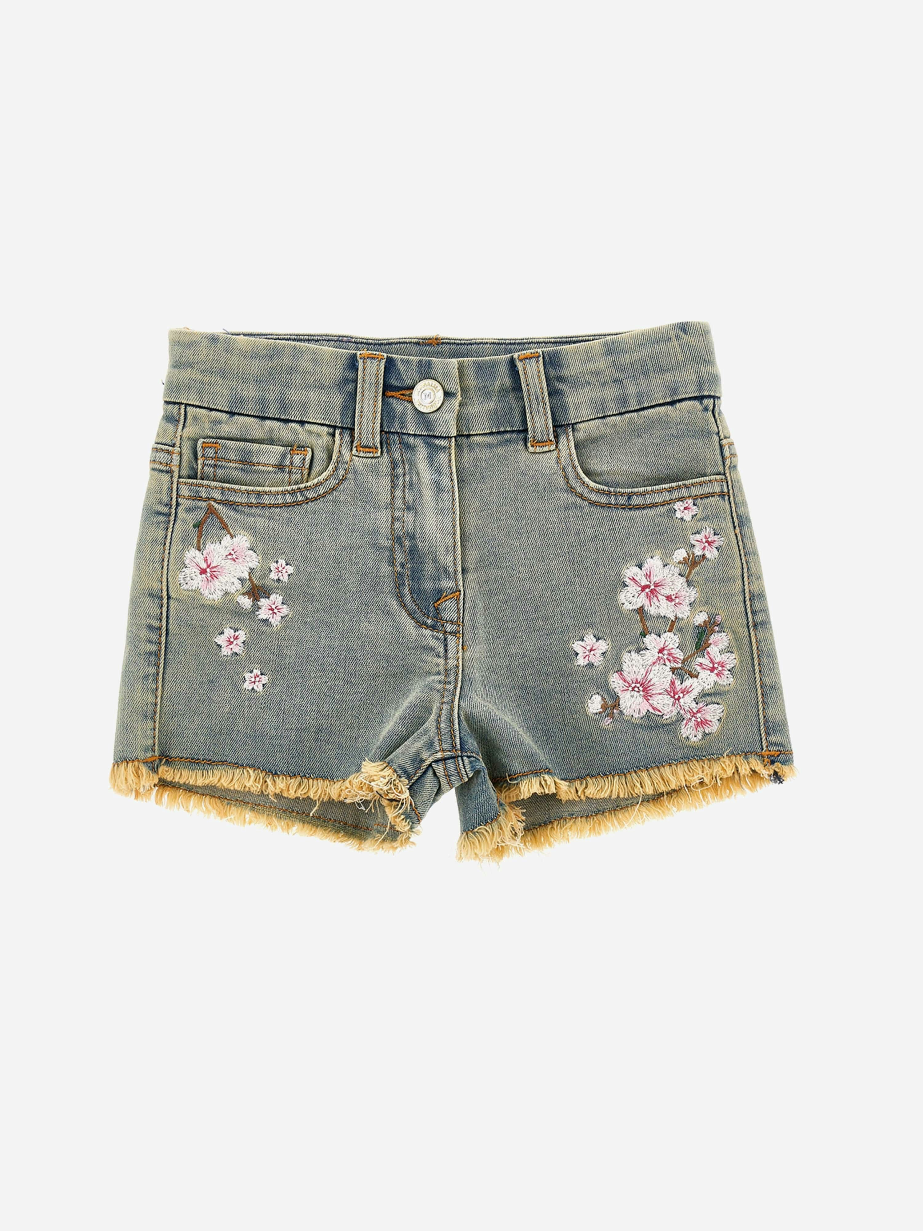 Monnalisa Girls Peach/Blue Blossom Denim Shorts In - 10 Yrs
