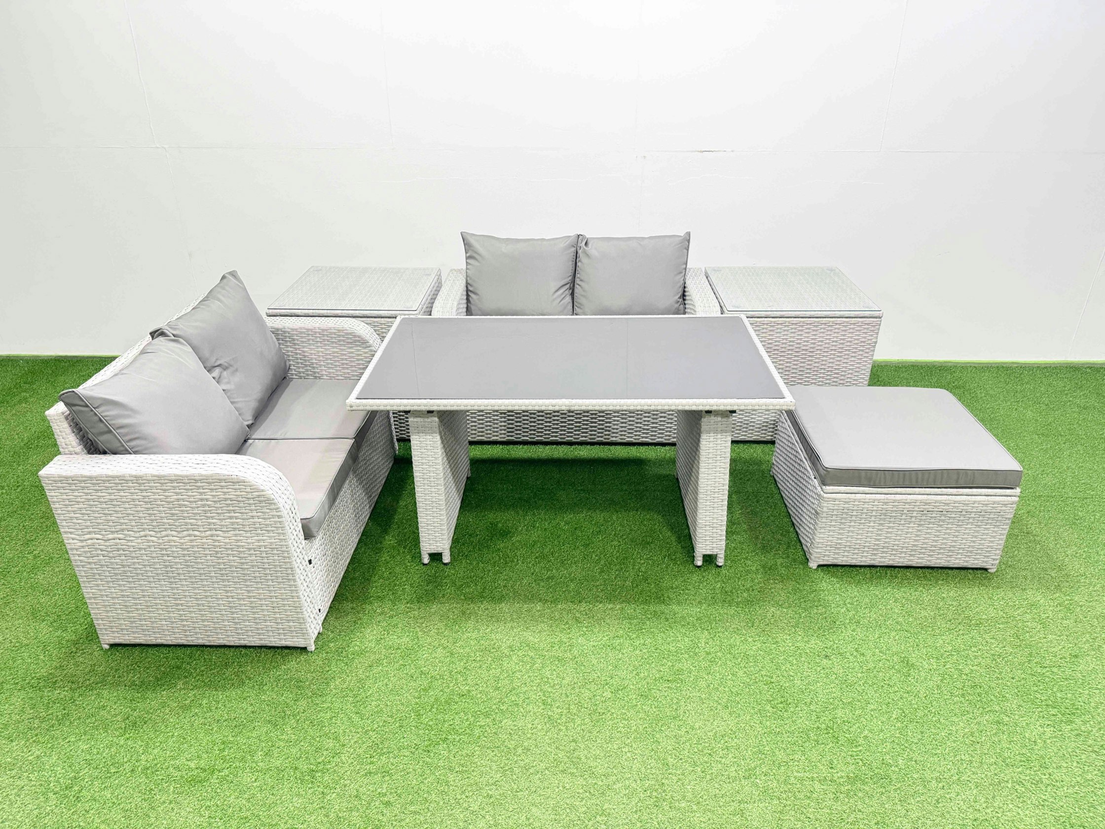 Rackhams Light/Grey 6 Pieces Outdoor Pe Rattan Sofa Set Patio Garden Furniture Sets With Cushions 2 Side Tables Big Stool