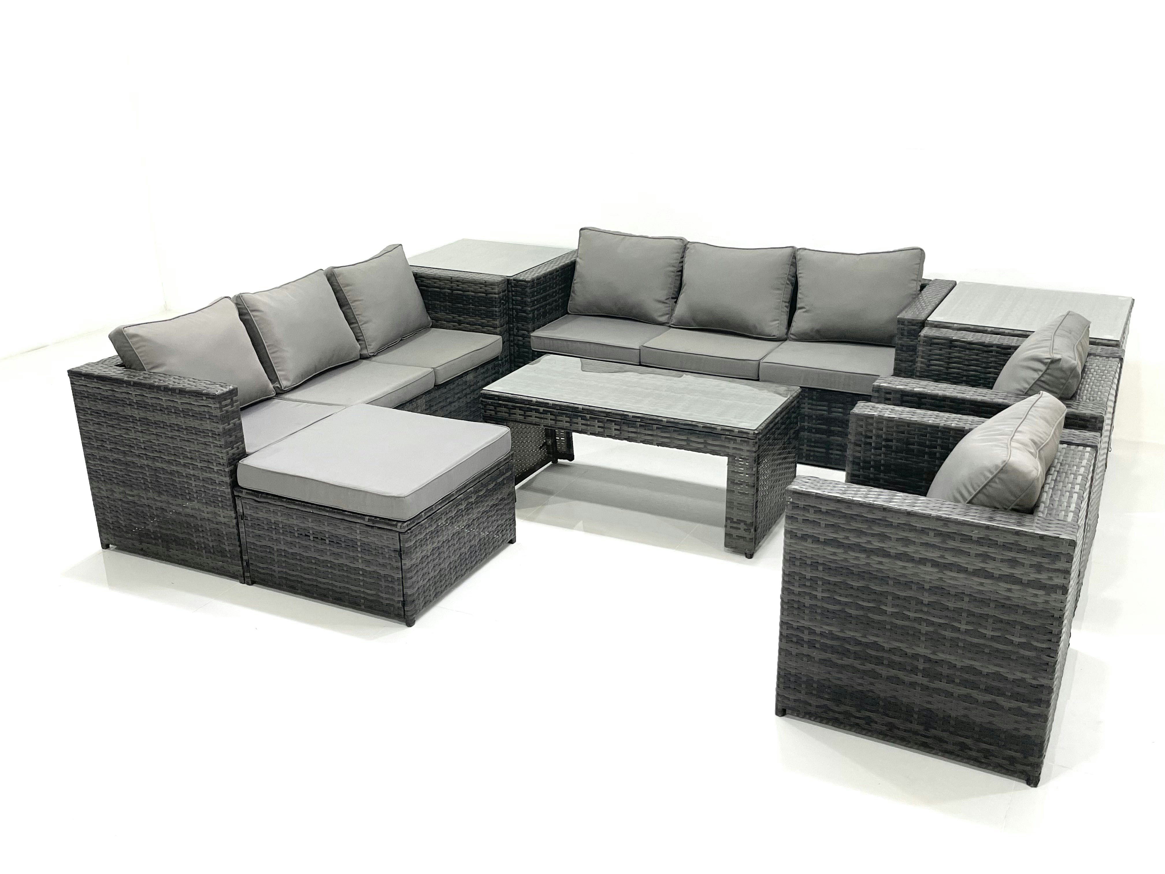 Rackhams Dark/Grey Rattan Garden Furniture Sofa Set With Coffee Table Armchair 2 Side Tables Big Footstool Mixed