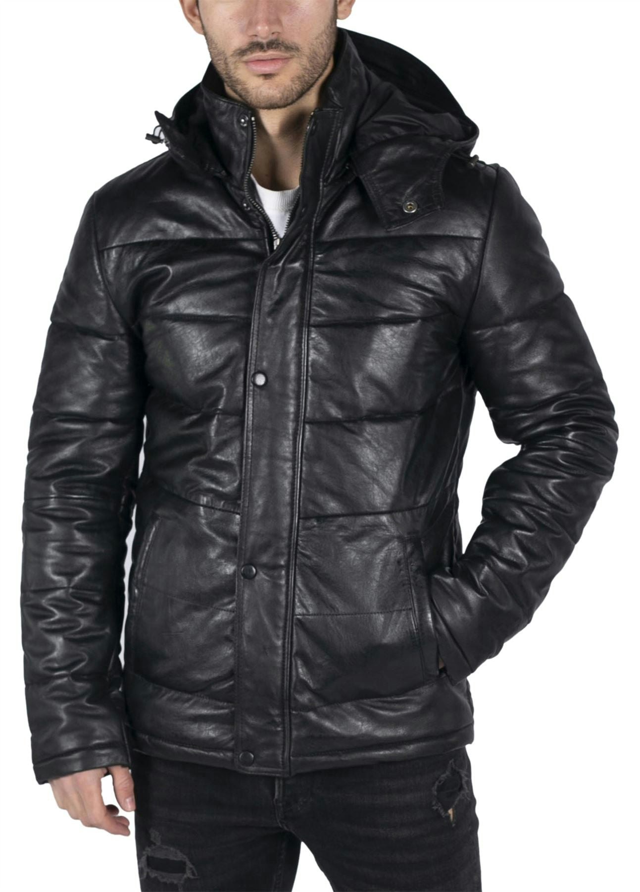 Infinity Leather Men's Black Leather Company Puffer Hood Quilted Jacket Leather 80S Classic - 4XL