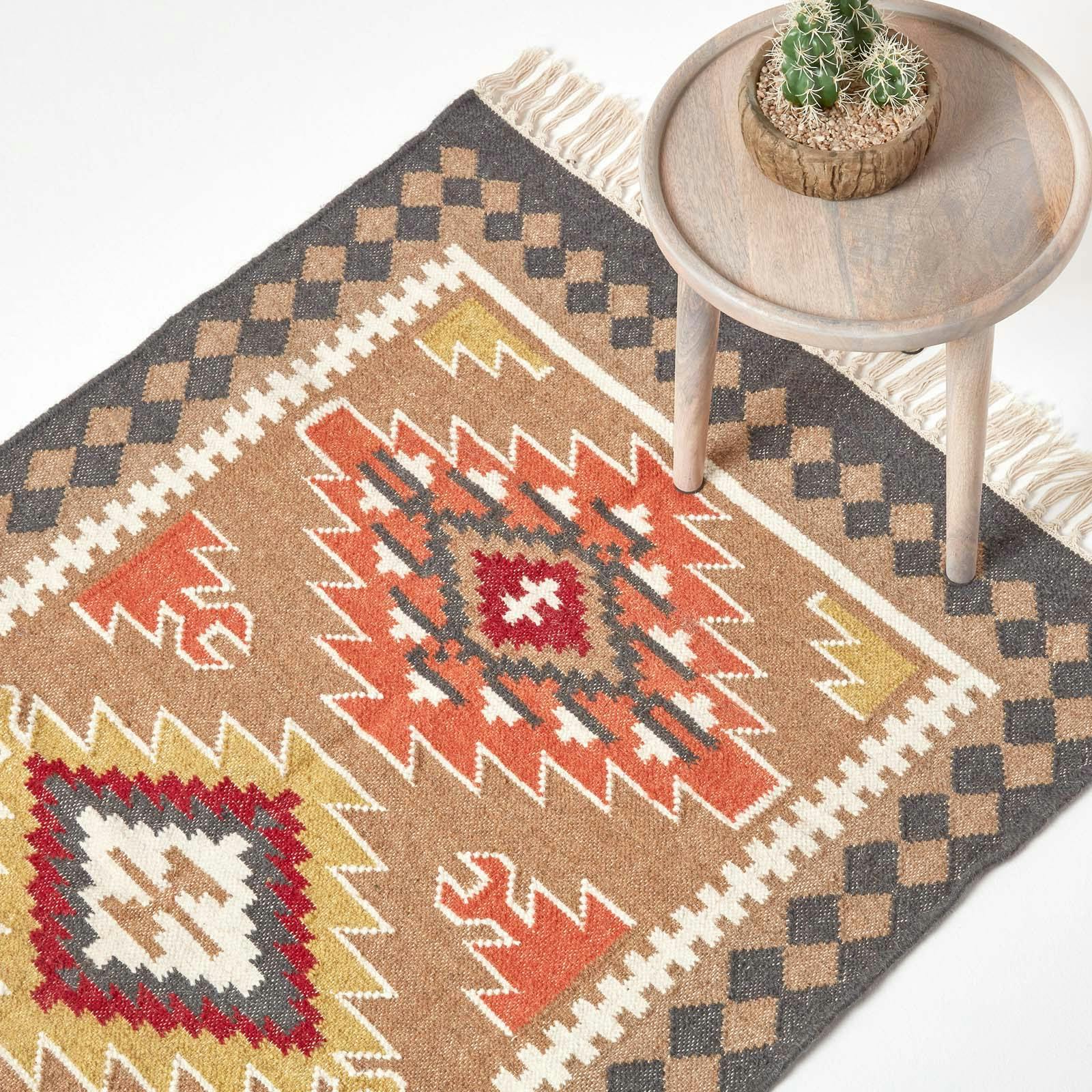 Rackhams Brown/Orange Jaipur Handwoven And Kilim Wool Rug - 120 X 170 Cm