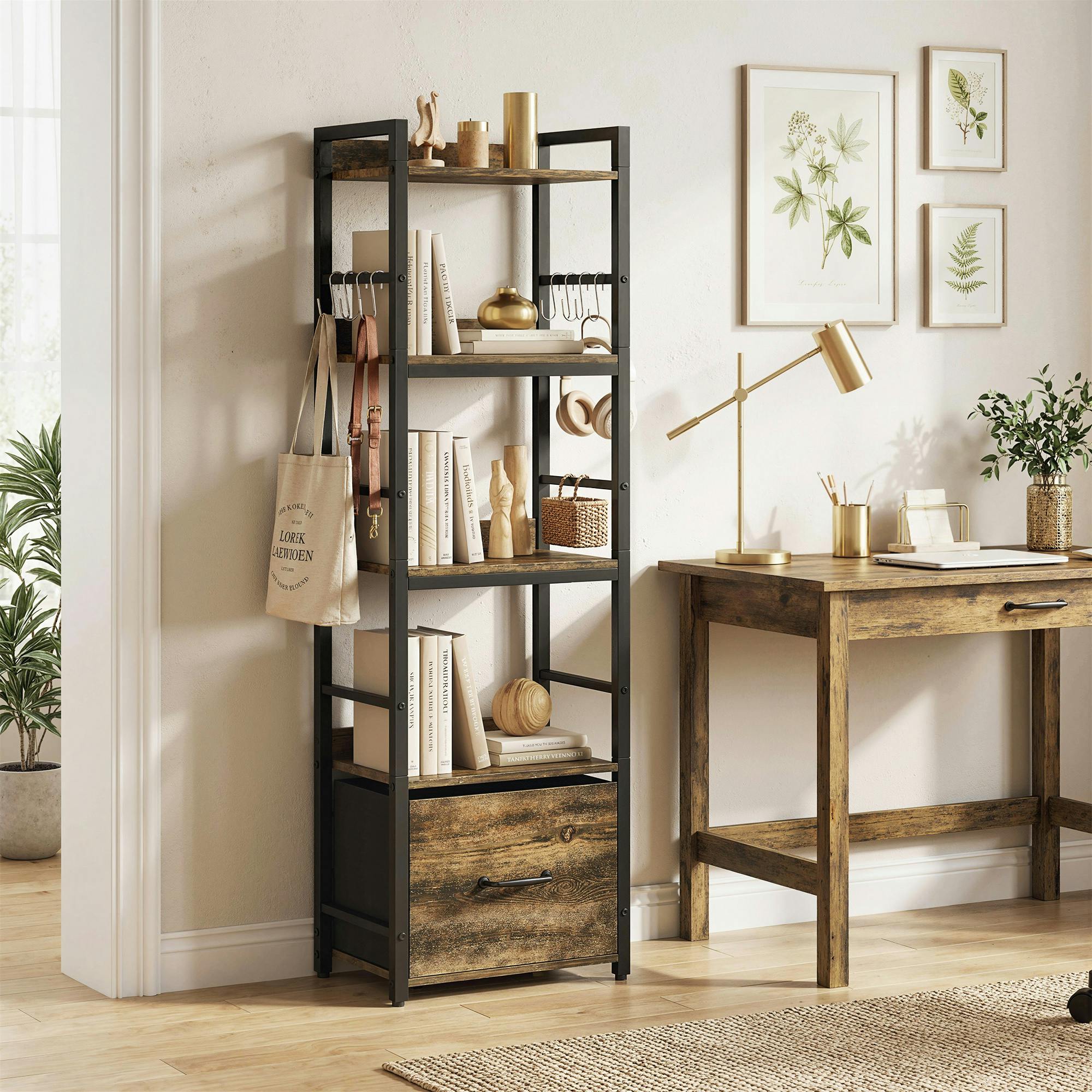 Rackhams Brown 4-Tier Bookshelf, Shelving Unit With Drawer, 8 Hooks - Rustic