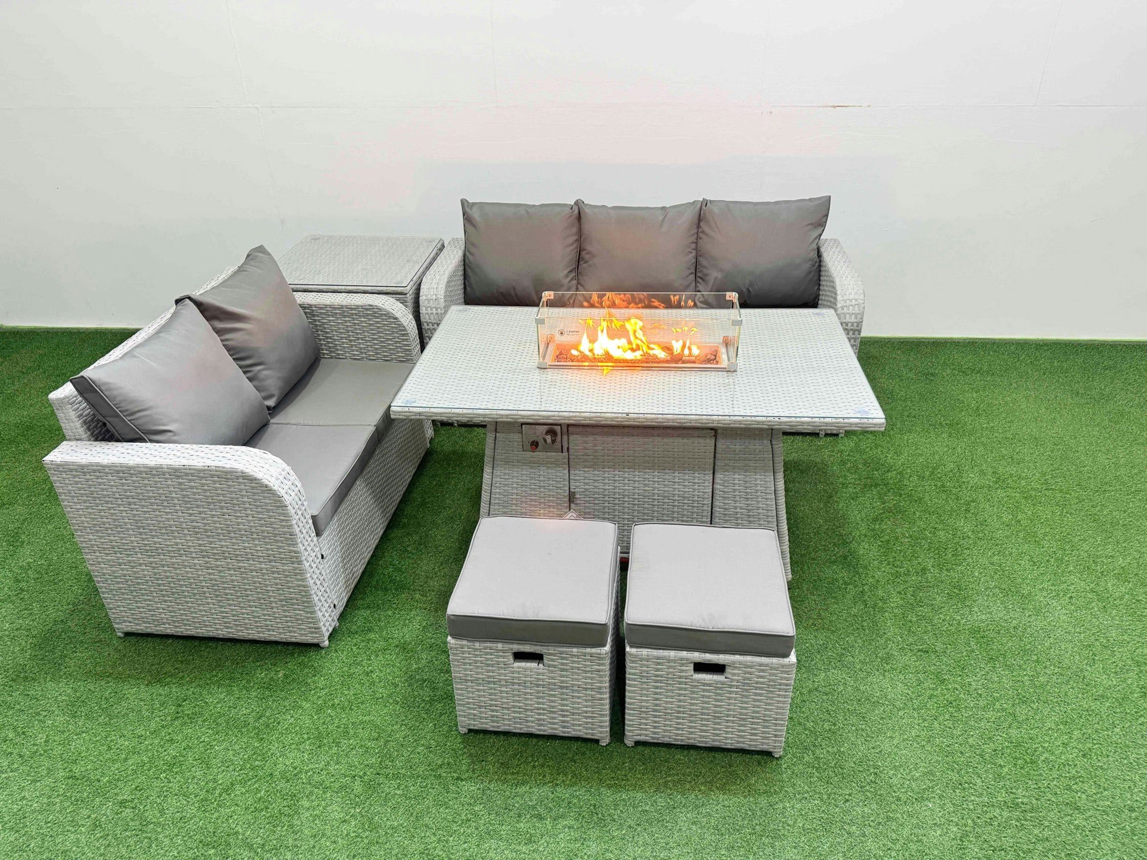 Rackhams Light/Grey/Dark 7 Seater Pe Rattan Wicker Garden Furniture Patio Conservatory Sofa Set With Fire Pit Dining Table 3 Seater Sofa Love Sofa 2 Stools Side Table