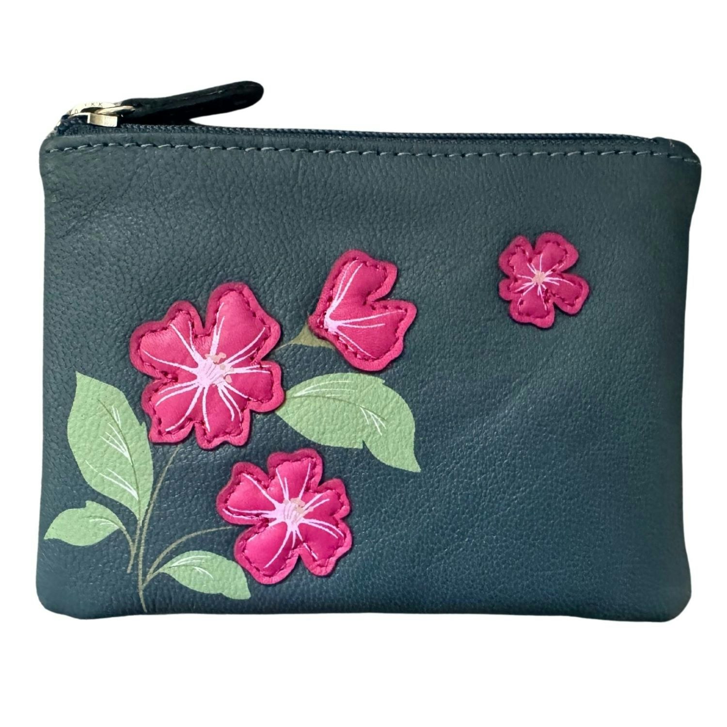 Mala Leather Sakura Collection Card & Coin Purse – Floral Appliqué – Rfid - Navy