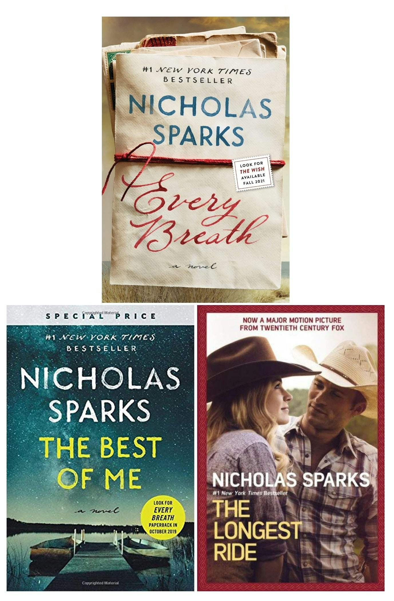 Various Publishers Nicholas Sparks Collection 3 Books Set (Every Breath, The Longest Ride, The Best Of Me)