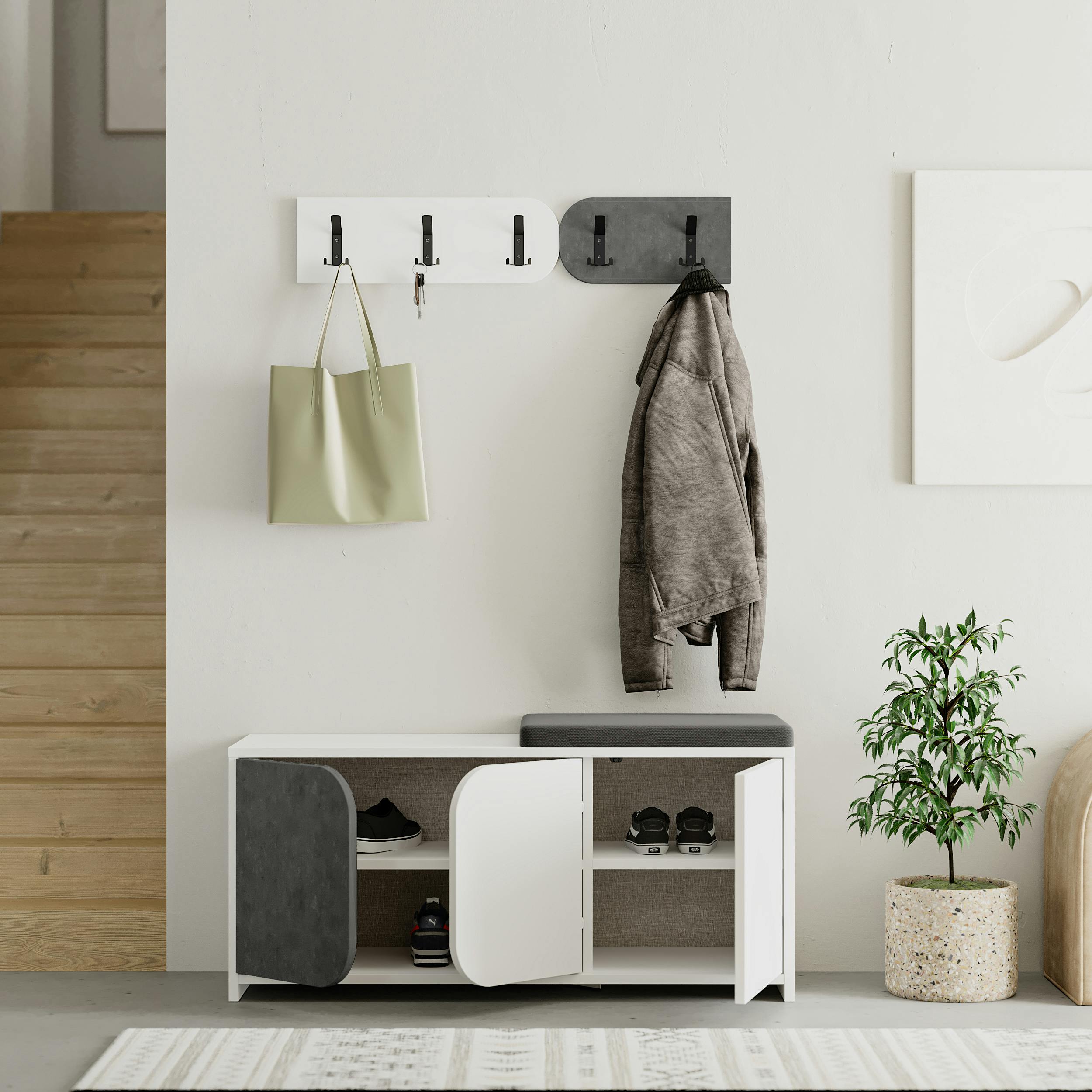 Decortie 3 Door Shoe Cabinet with Coat Hooks - White/Grey - Wood/Metal - Image 2