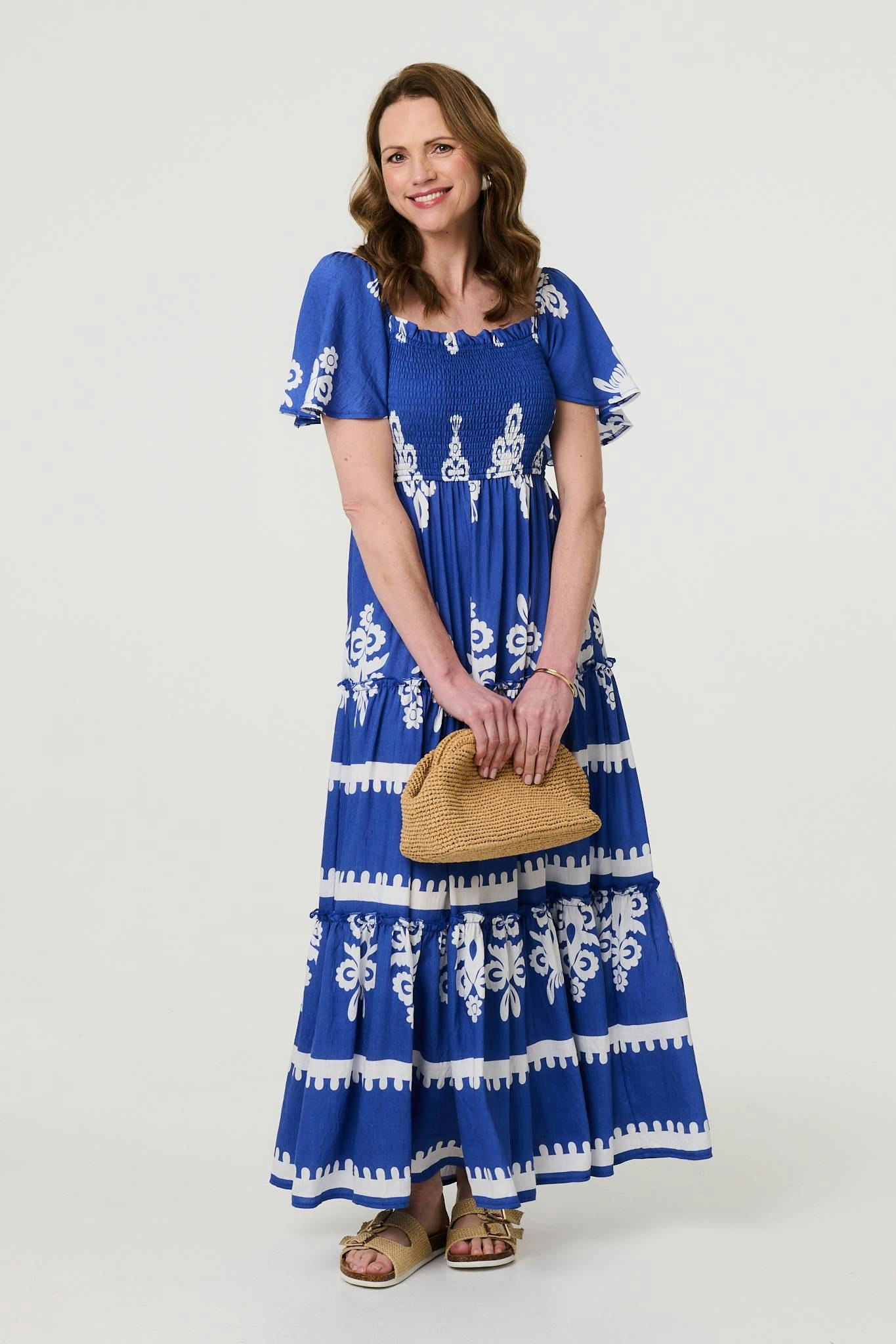 Izabel London Blue Ikat Print Short Angel Sleeve Maxi Dress - 8