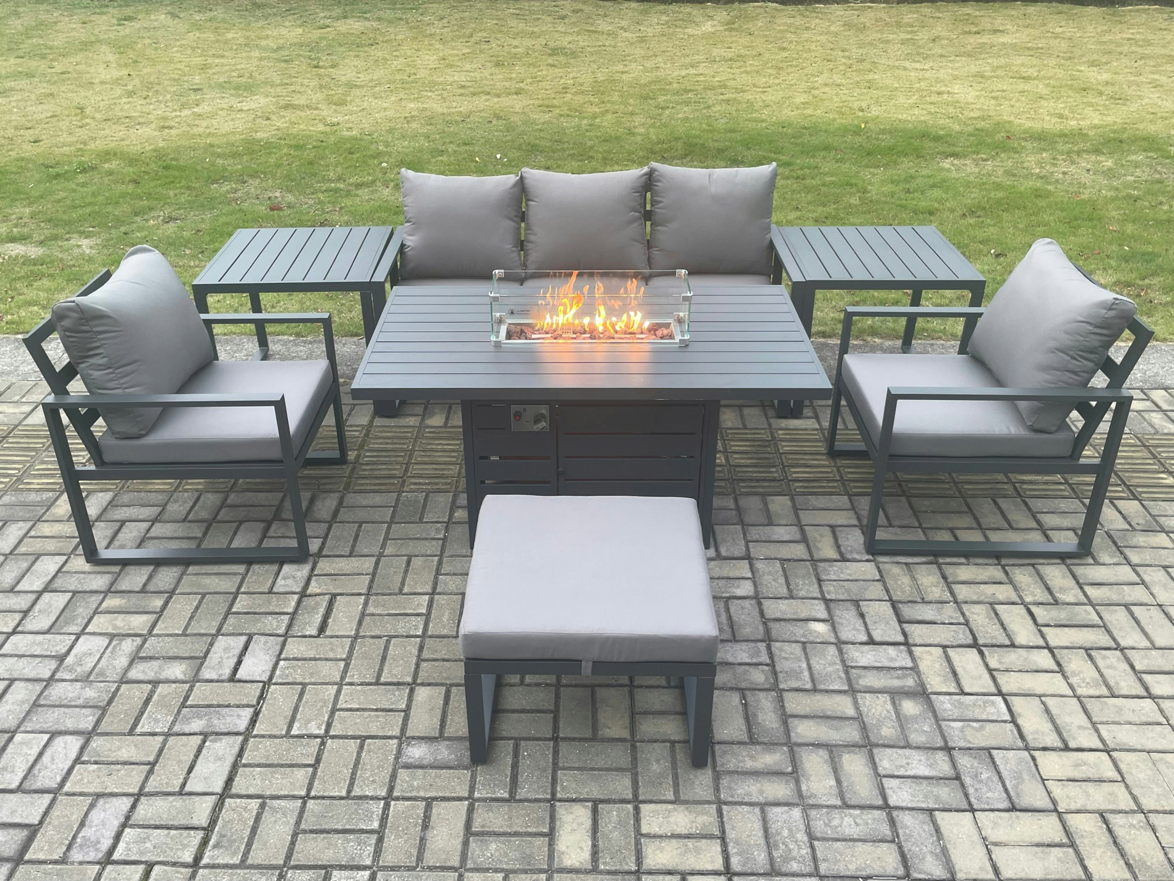 Fimous Dark/Grey 6-Seater Aluminium Outdoor Gas Fire Pit Dining Set | 2 Armchairs, 2 Side Tables, Footstool |
