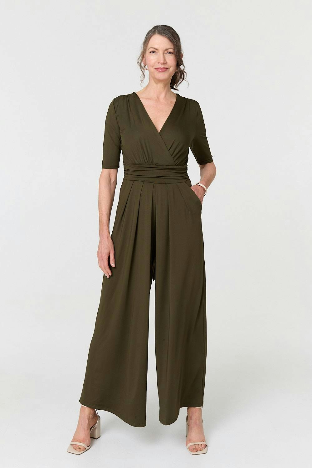 Izabel London 1/2 Sleeve Wrap Waist Wide Leg Jumpsuit - Khaki - 18