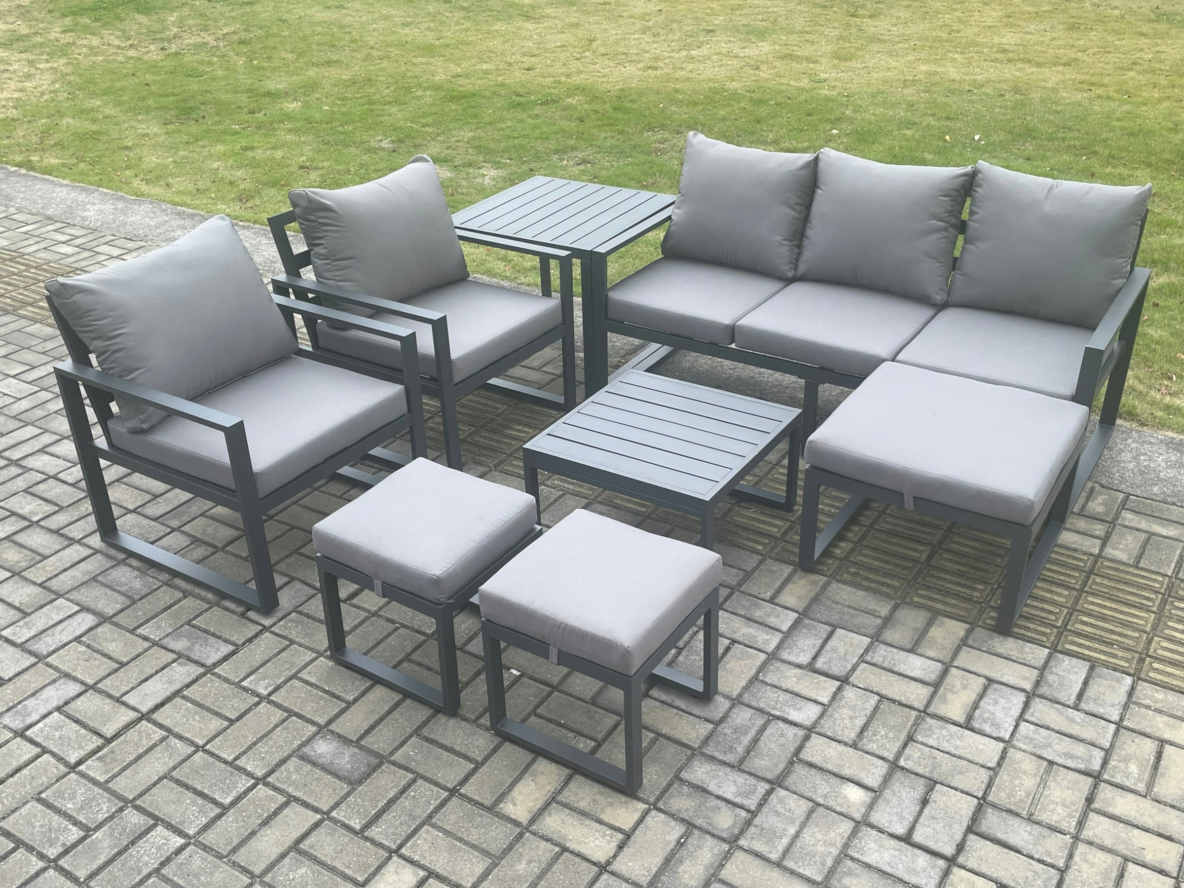 Rackhams Dark/Grey Aluminium Outdoor Lounge Sofa Set Garden Furniture Sets With Square Coffee Table 2 Chairs 3 Footstools Side Table 8 Seater