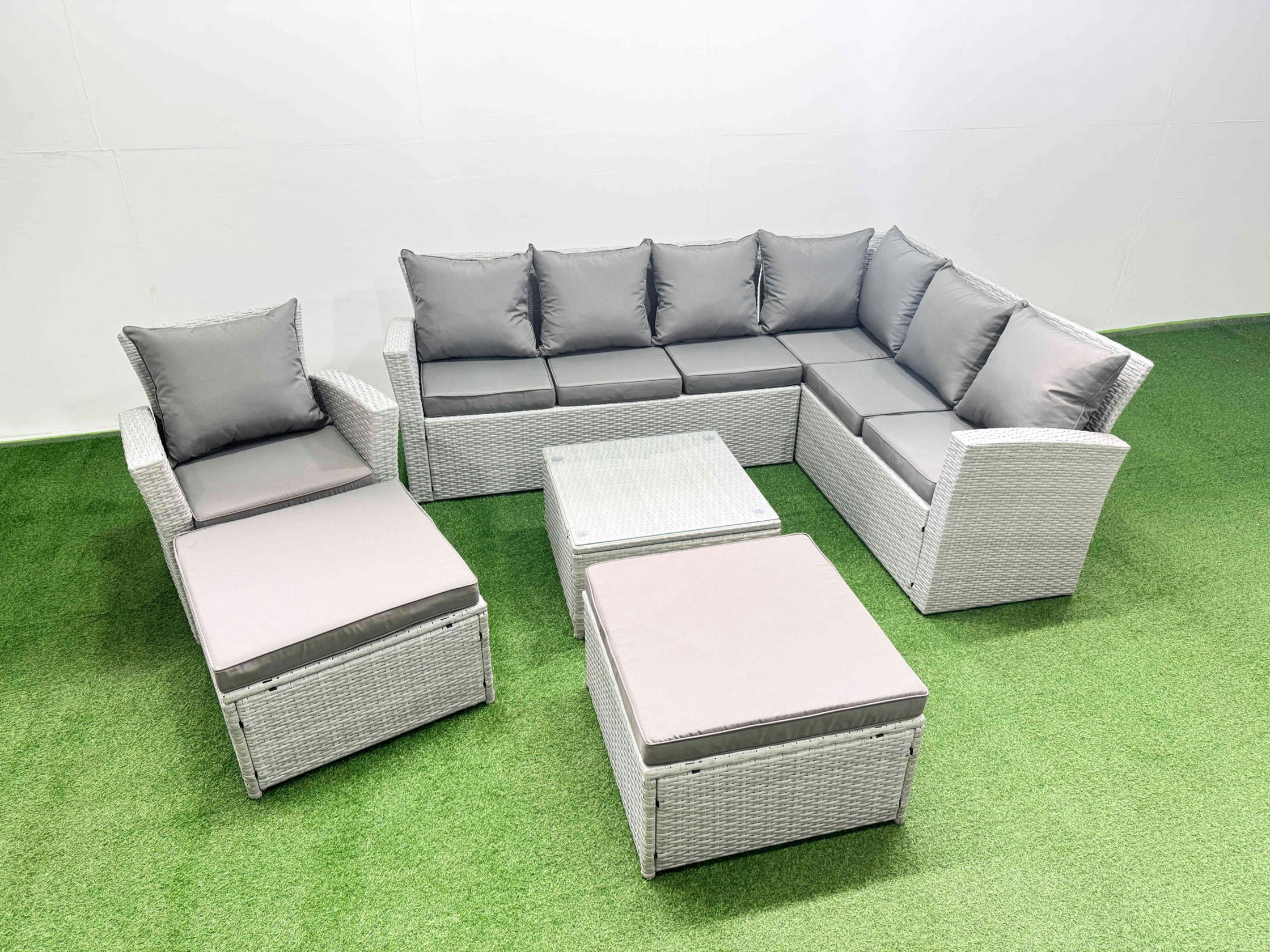 Fimous Light/Grey Rattan Garden Outdoor Furniture Set 9 Seater Rattan Garden Sofa Set With Armchair 2 Big Footstools Mixed