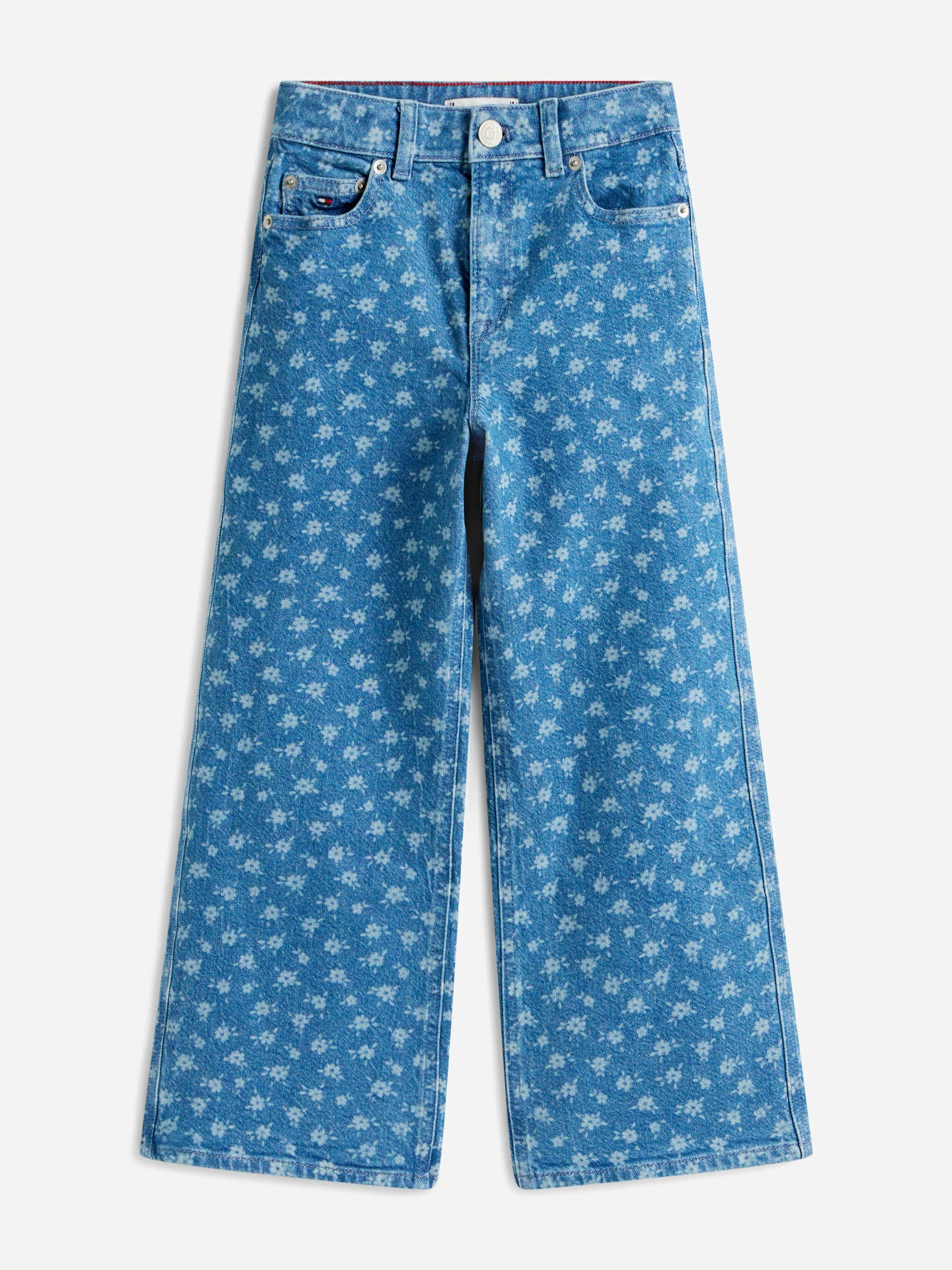 Tommy Hilfiger Girls Blue Mabel Wide Leg Flower Aop Jeans In - Navy - 14 Yrs