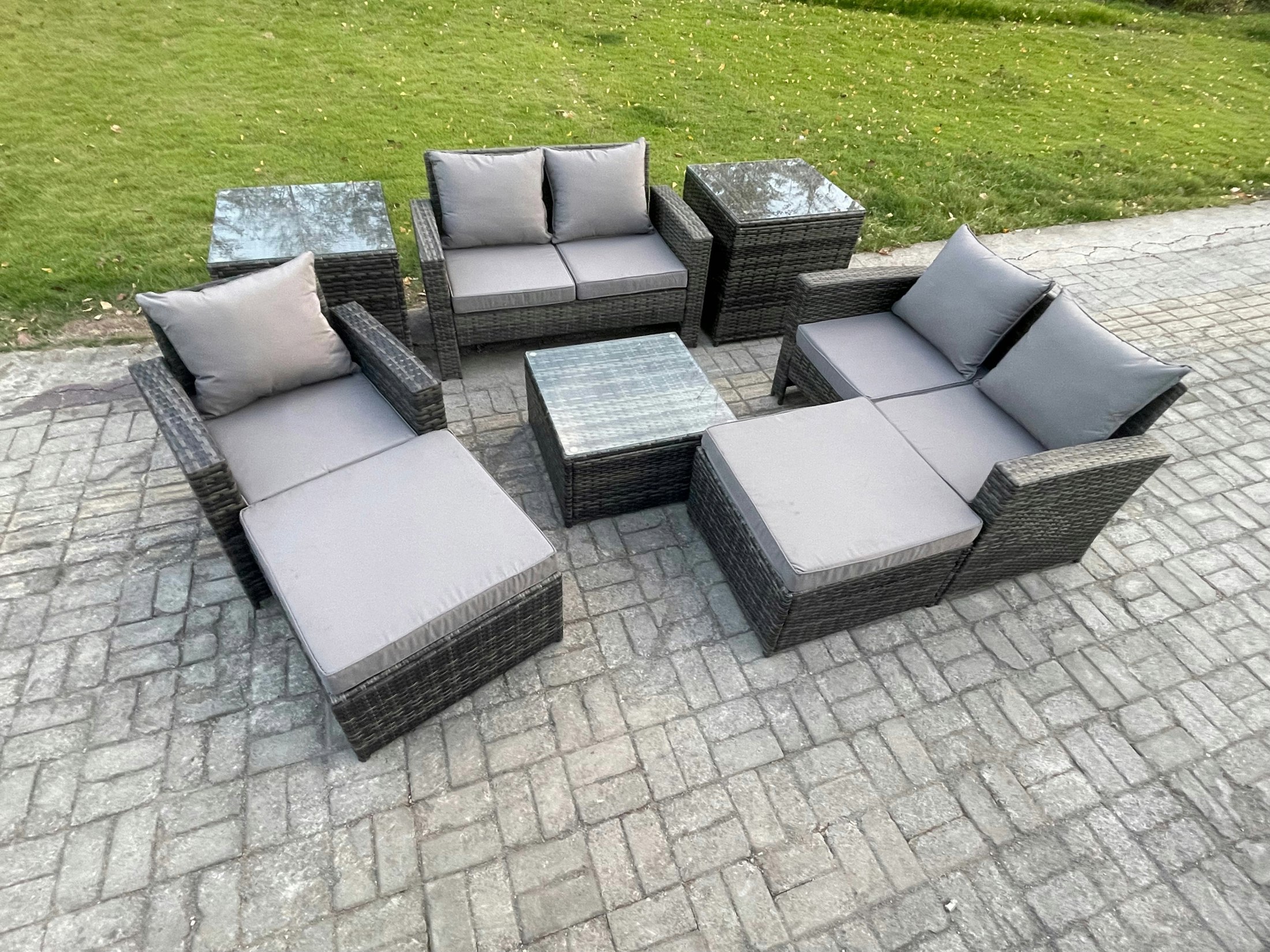 Fimous Dark/Grey 7 Seater Outdoor Rattan Garden Furniture Set Conservatory Patio Sofa Coffee Table Set With Chair 2 Side Tables 2 Big Footstool Mixed